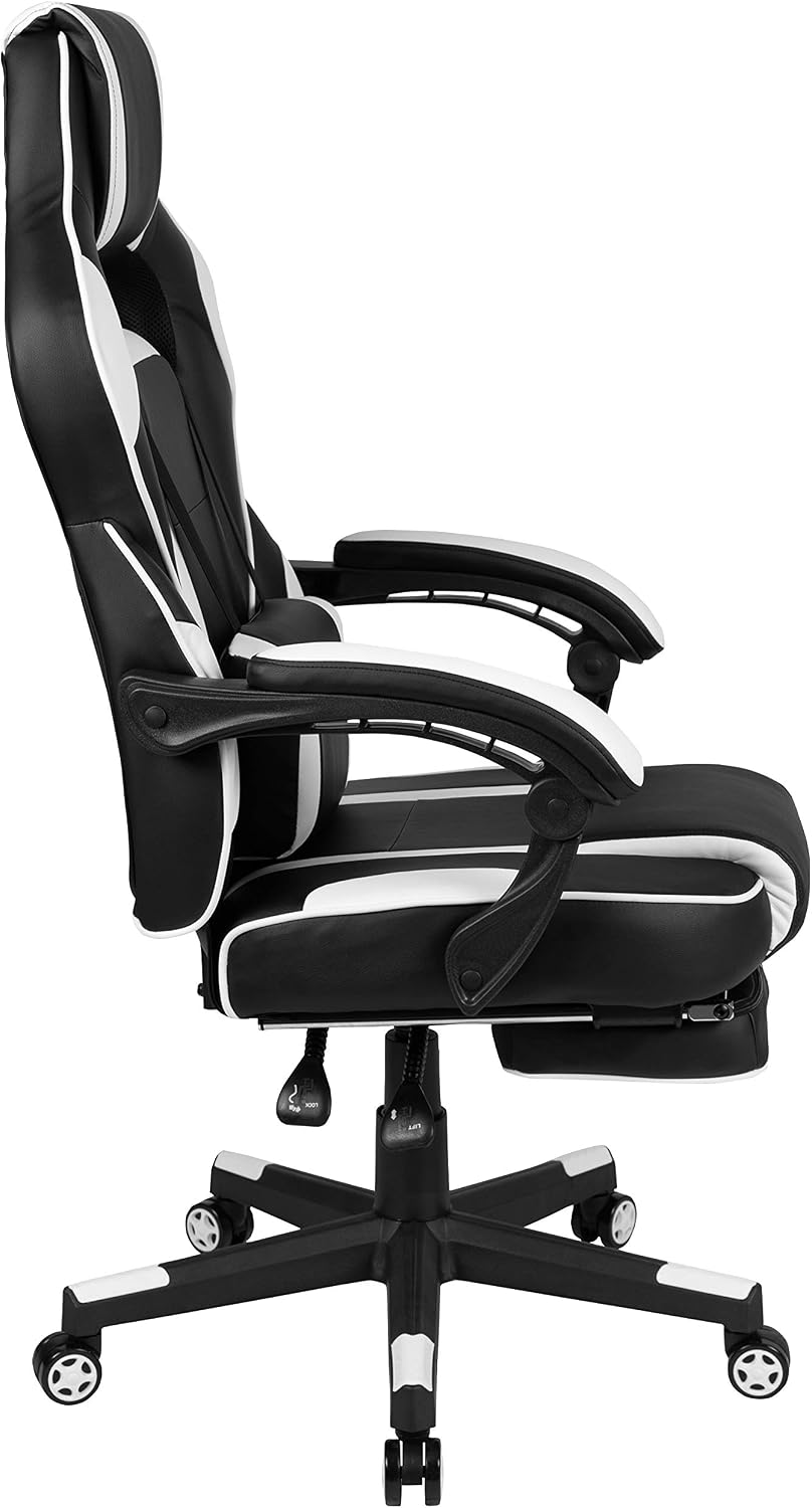 EMMA + OLIVER White Ergonomic Gaming Chair - Reclining Back/Arms, Footrest, Massaging Lumbar