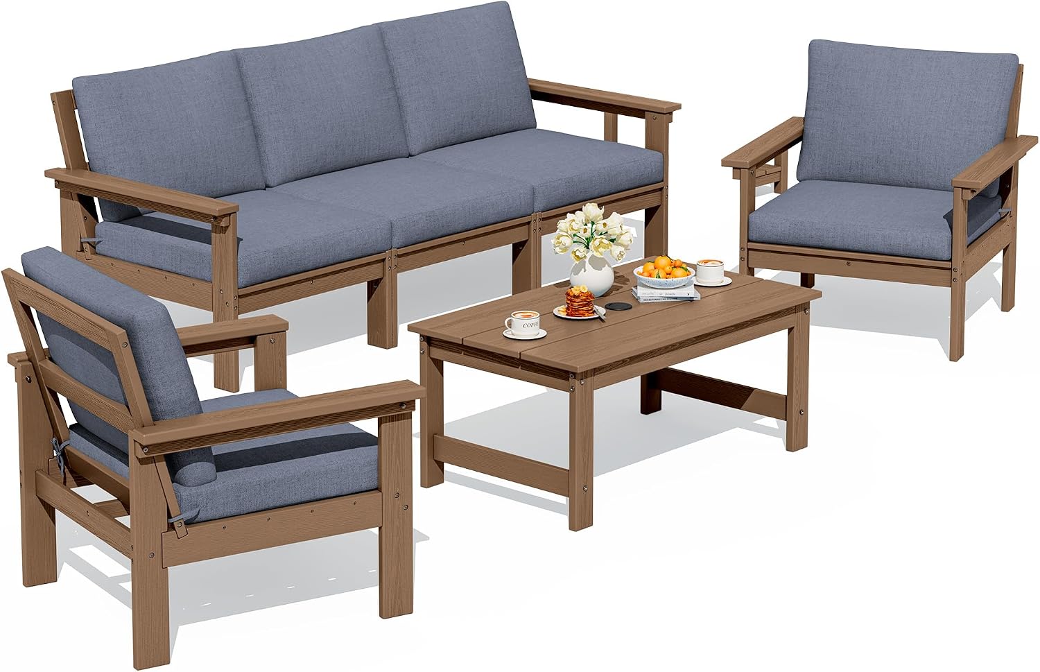 SERWALL HDPE Patio Conversation Set, 6-piece Sectional Outdoor Furniture Set, All Weather Outdoor Couch Set Patio Furniture Set for Deck, Lawn, Grey Frame with Grey Cushion