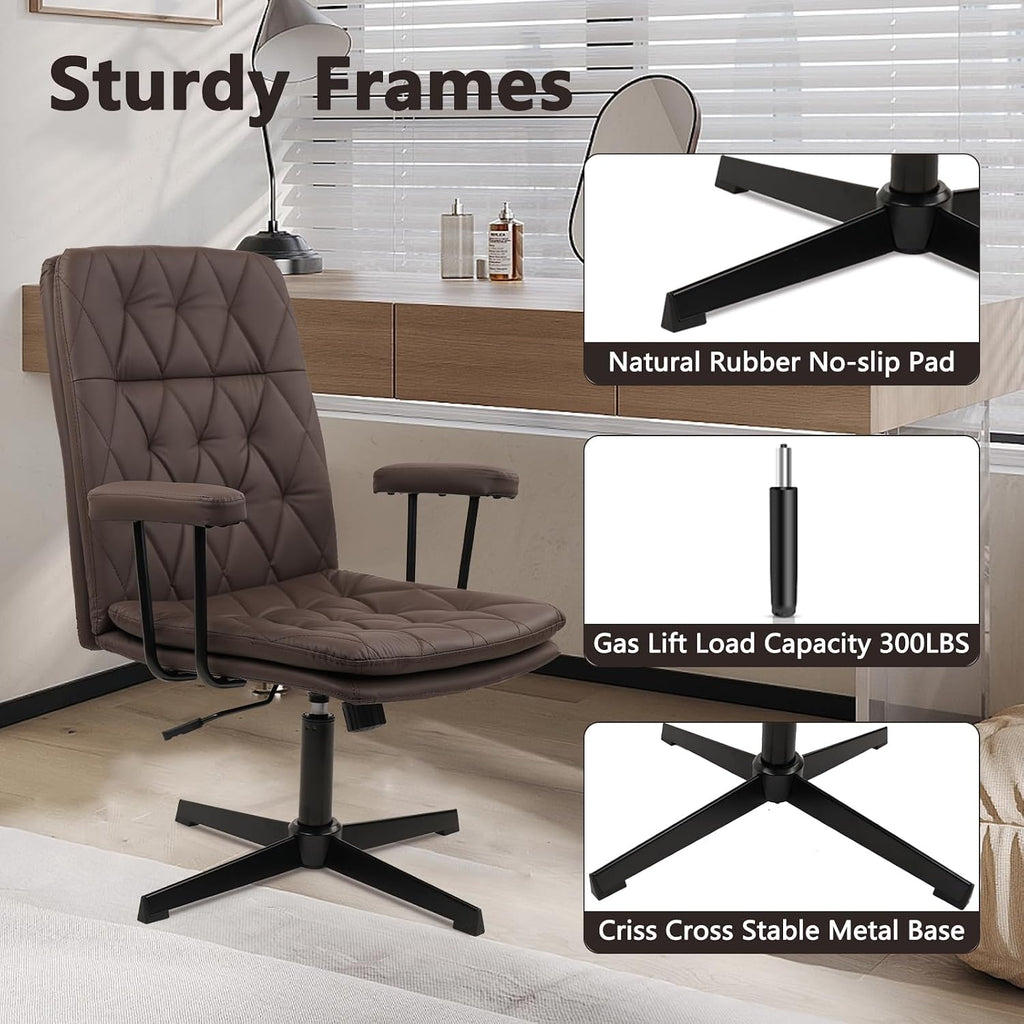 CLATINA Office Chair No Wheels, Leather Criss Cross Desk Chairs with Arms, Modern Cross Legged Computer Chair, Mid Back Height Adjustable Swivel Task Vanity Chair for Home Office, Chocolate Brown