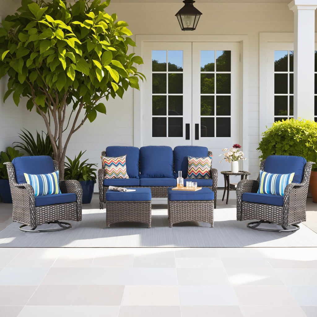 ovios 6-Pieces Patio Furniture Set, Outdoor Wicker Sofa Couch with Swivel Glider Chairs Comfy Cushions, High Back Modern Conversation Set, Brown Rattan, Navy Blue
