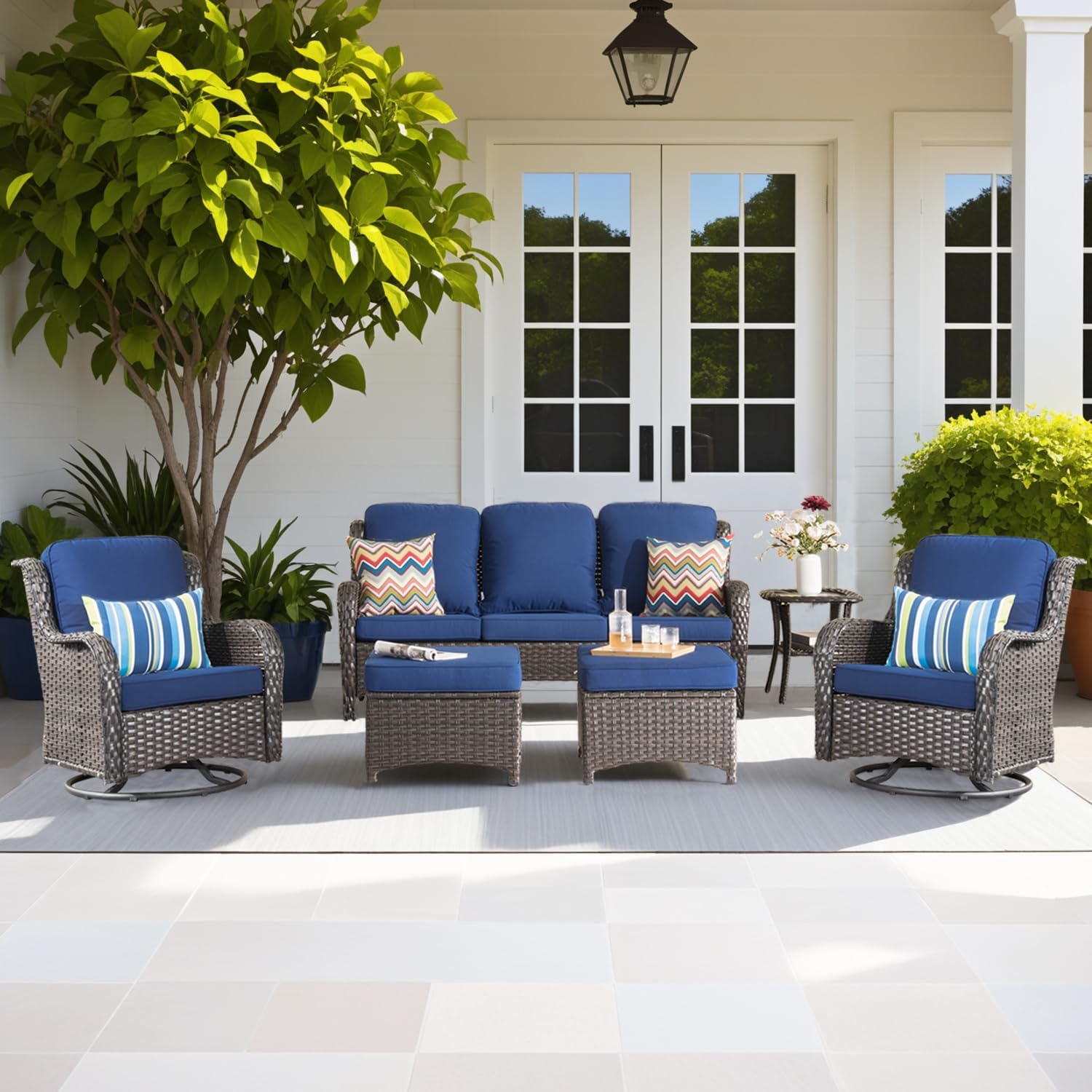 ovios 6-Pieces Patio Furniture Set, Outdoor Wicker Sofa Couch with Swivel Glider Chairs Comfy Cushions, High Back Modern Conversation Set, Brown Rattan, Navy Blue