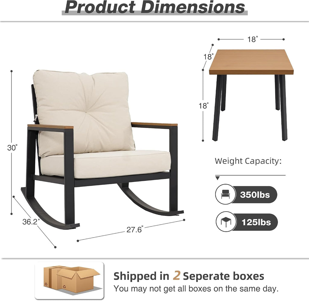 3 Pieces Rocking Bistro Set, Outdoor Patio Furniture Set with Thick Cushions and Coffee Table, Patio Conversation Sets for Garden, Balcony, Backyard, Beige