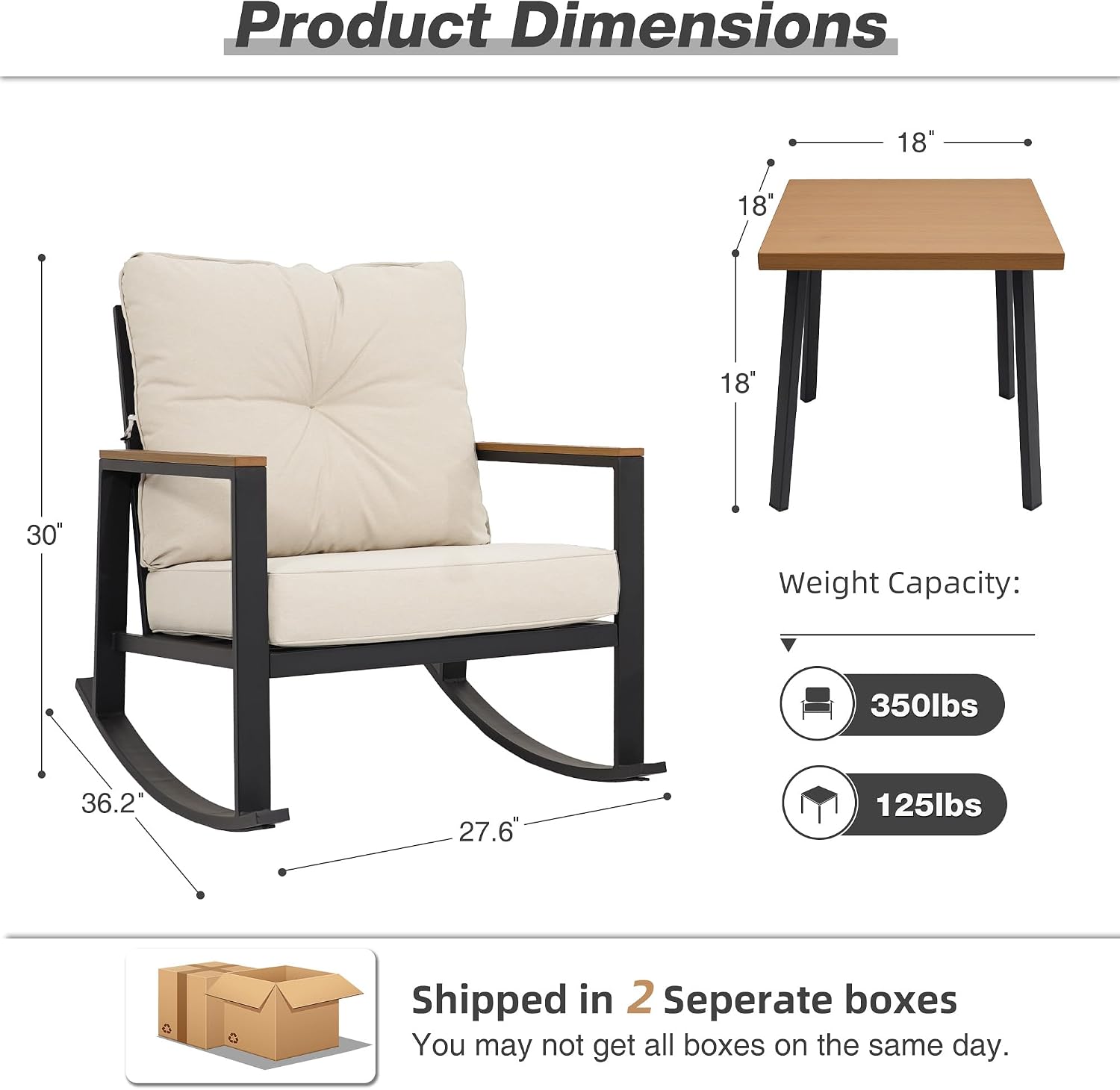 3 Pieces Rocking Bistro Set, Outdoor Patio Furniture Set with Thick Cushions and Coffee Table, Patio Conversation Sets for Garden, Balcony, Backyard, Beige