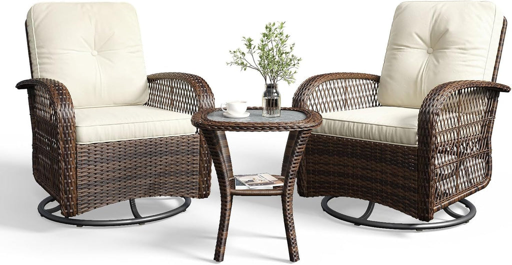 Aoxun 3 Pieces Patio Furniture Set, Patio Swivel Rocker Chairs Set of 2, Wicker Outdoor Bistro Set with Rocking Chair, Thickened Cushions and Table for Porch (Beige)