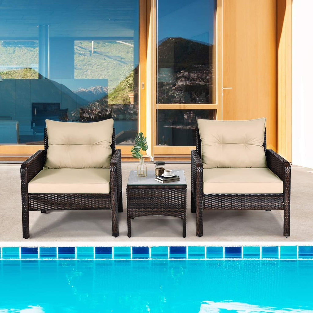 HAPPYGRILL 3 Pieces Patio Furniture Set Outdoor Rattan Wicker Coffee Table & Chairs Set with Seat Cushions Patio Conversation Set for Garden Balcony Backyard Poolside