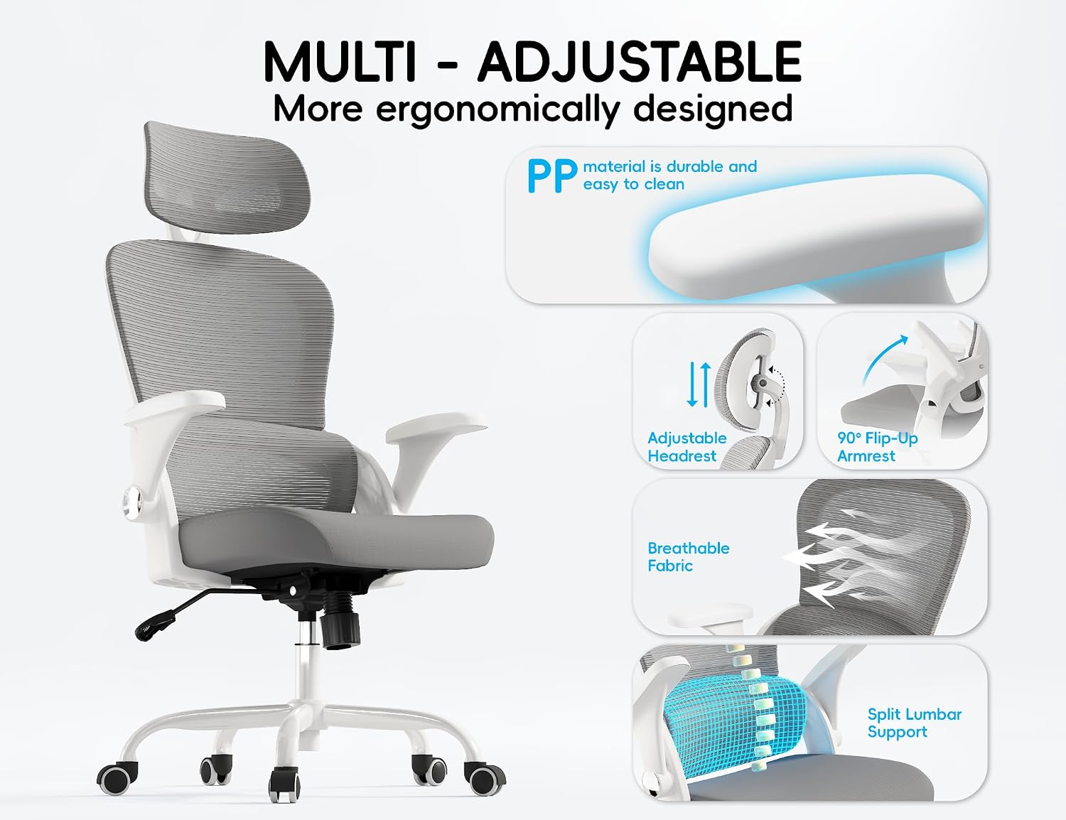 TRALT Office Chair - Ergonomic Office Chair with Back Support, Computer Chair - Home Office Desk Chairs, 330lbs Wide Seat Big and Tall Office Chairs with Headrest, Comfy Desk Chairs (Grey)
