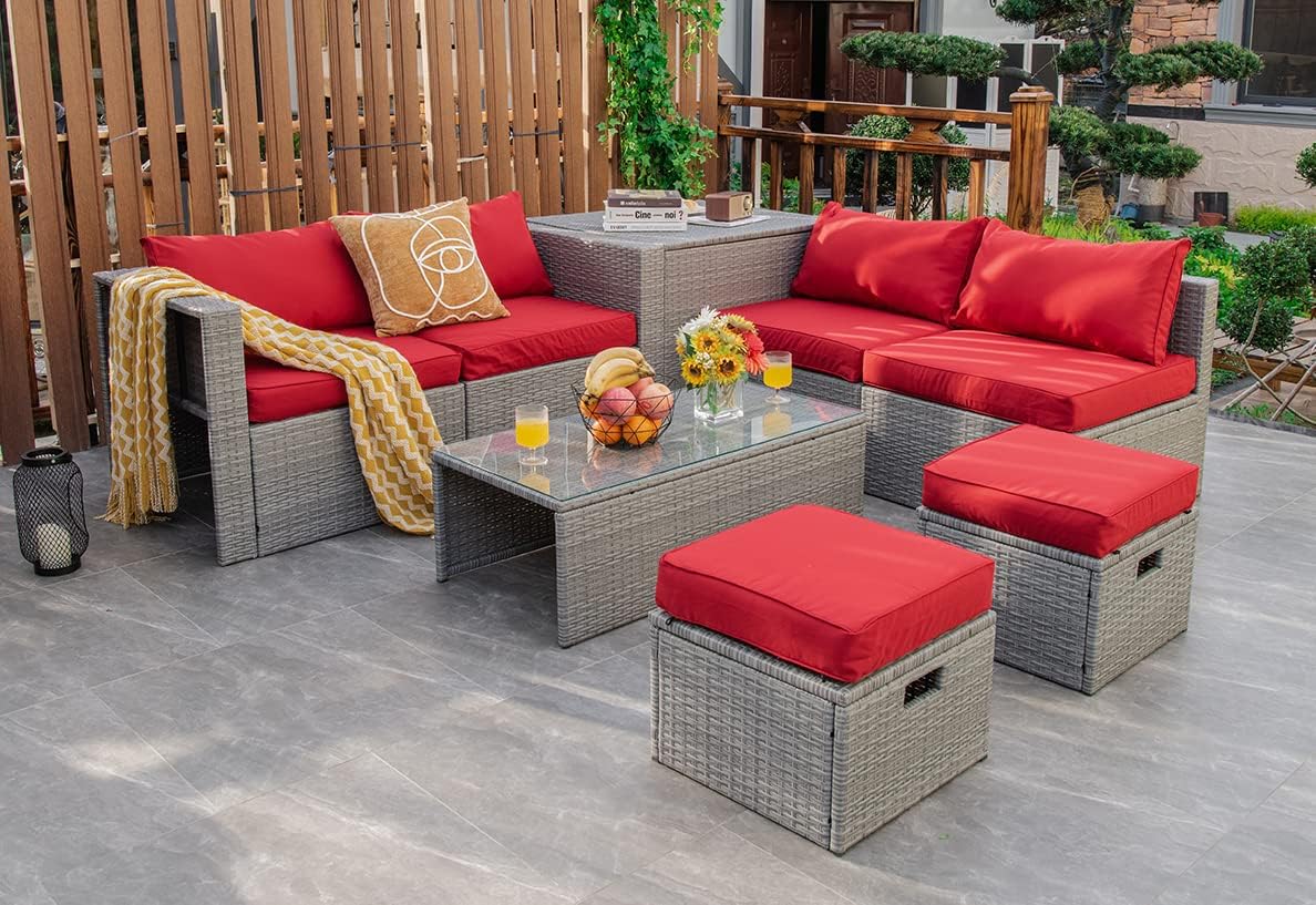 Tangkula 8 Piece Patio Wicker Furniture Set, Patiojoy Space Saving Outdoor PE Rattan Conversation Set with Storage Box & Waterproof Cover, Coffee Table, 2 Ottomans, 2 Armless Sofas & 2 Corner Sofas