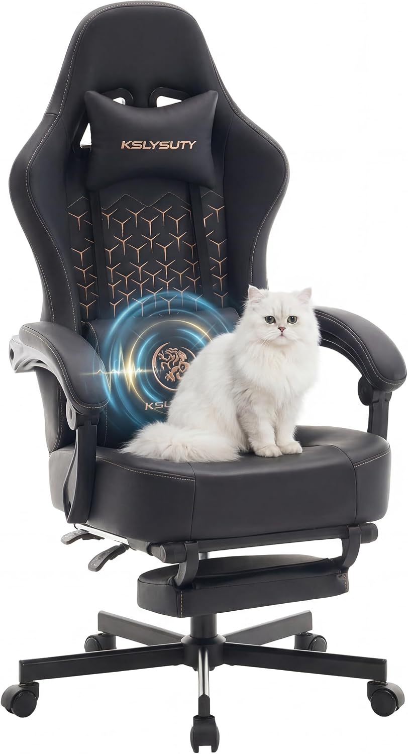 Gaming Chair Breathable Leather with Pocket Spring Cushion, Wide and High Ergonomic Office Chair with Headrest, Computer Gaming Chair with Footrest for Adult and Teen (Black Leather)