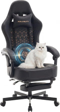 Gaming Chair Breathable Leather with Pocket Spring Cushion, Wide and High Ergonomic Office Chair with Headrest, Computer Gaming Chair with Footrest for Adult and Teen (Black Leather)