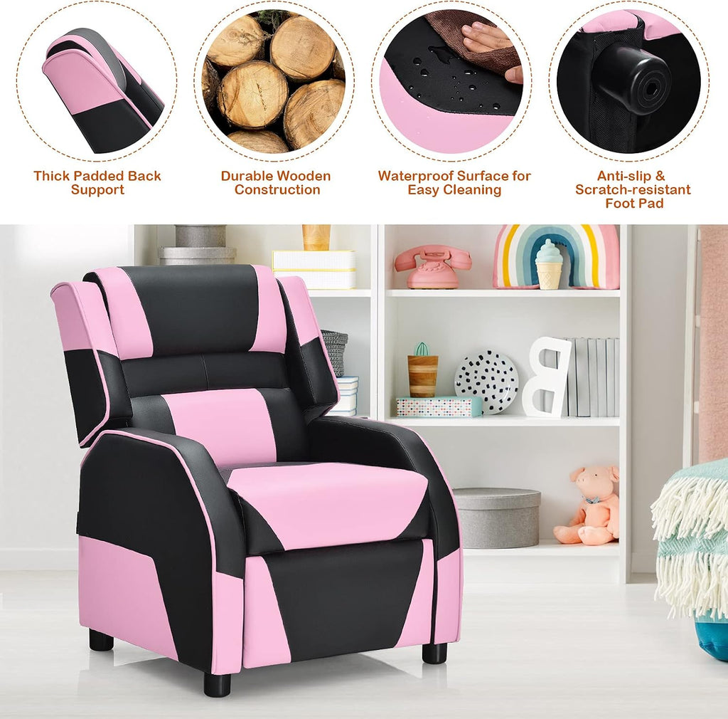 Giantex Kids Recliner, Gaming Recliner Chair with Footrest, Headrest & Lumbar Support, Ergonomic Leather Lounge Chair Toddler Furniture, Adjustable Racing Style Recliner Sofa for Boys Girls, Pink