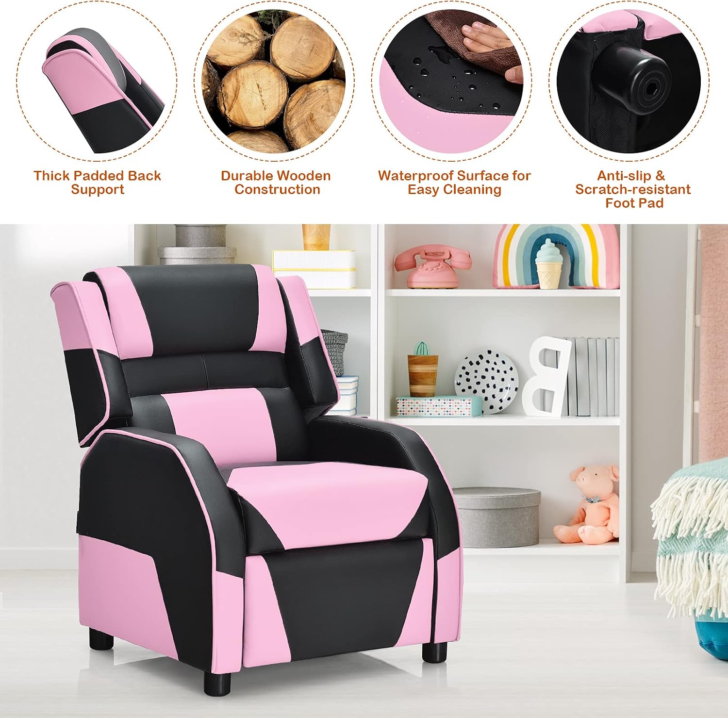 Giantex Kids Recliner, Gaming Recliner Chair with Footrest, Headrest & Lumbar Support, Ergonomic Leather Lounge Chair Toddler Furniture, Adjustable Racing Style Recliner Sofa for Boys Girls, Pink