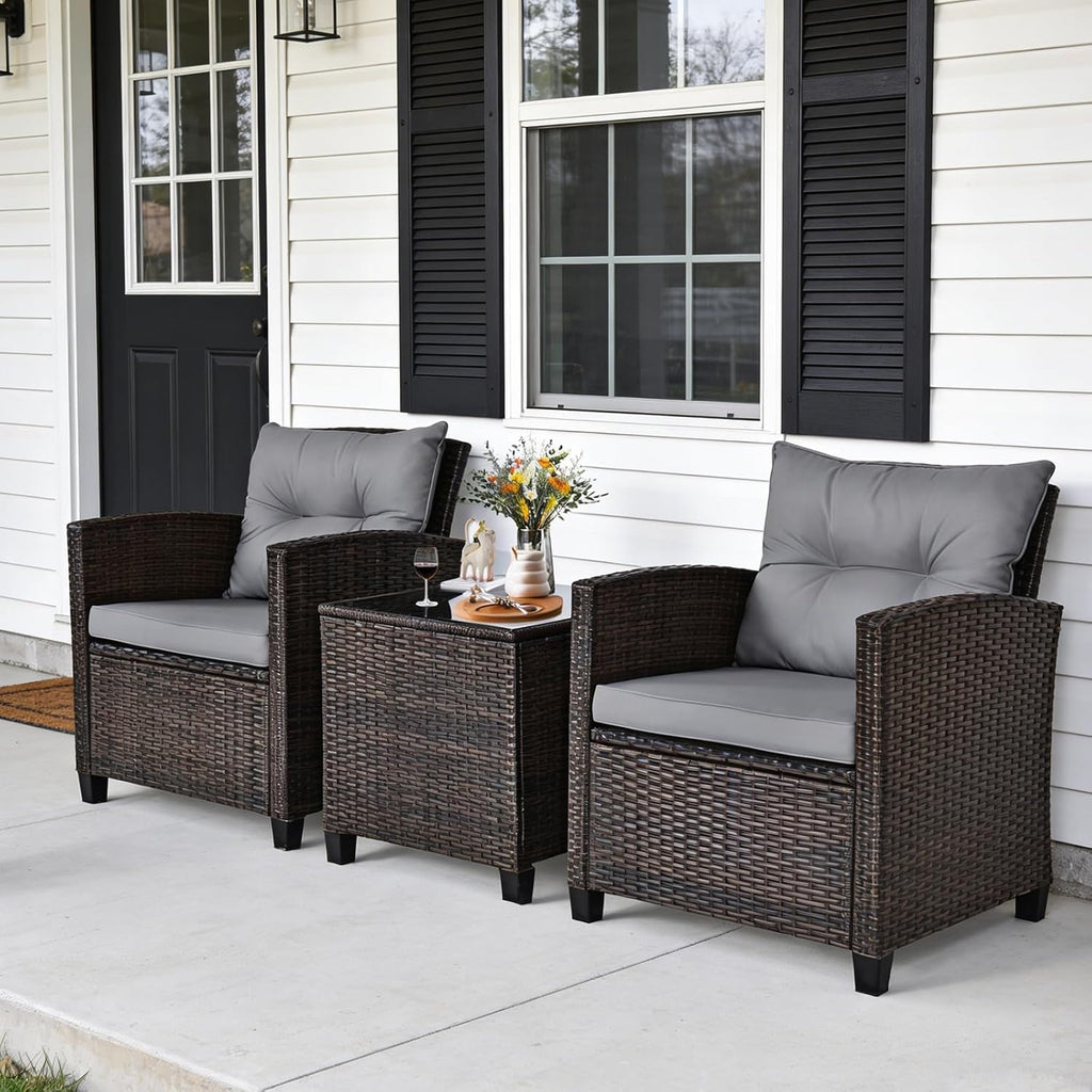 COSTWAY 3PCS Patio Furniture Set, PE Rattan Wicker Sofa w/Washable Cushion and Coffee Table, Tempered Glass Tabletop, Outdoor Conversation Set for Balcony, Porch, Yard, Backyard, Lawn (Grey)