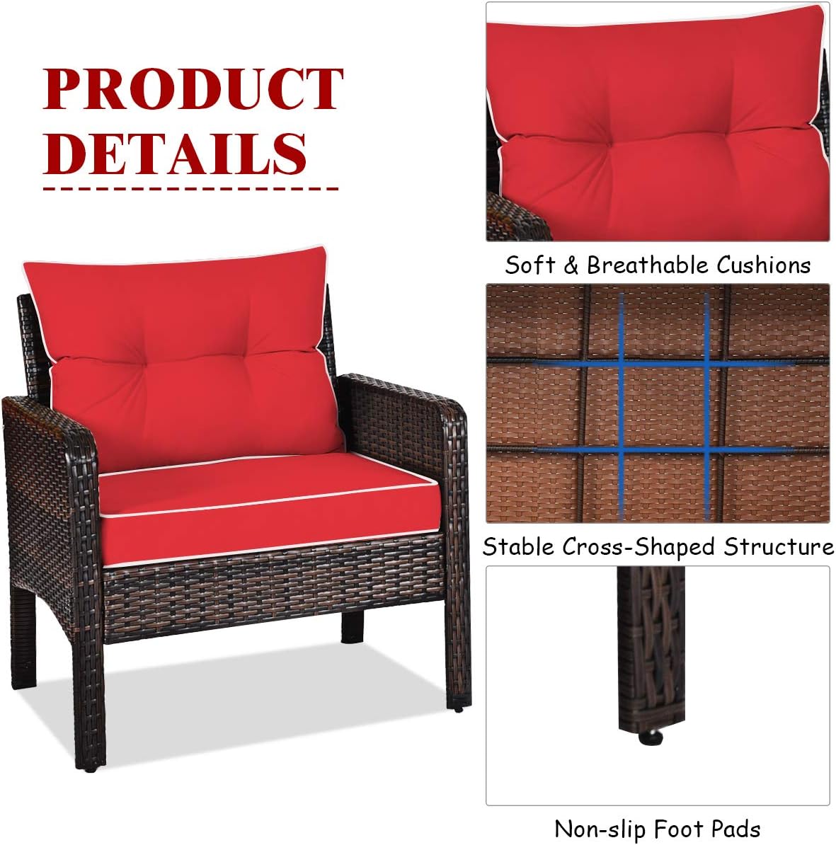 Tangkula 3 Piece Outdoor Patio Furniture Set, Wicker Chairs Set with Glass Top Coffee Table, Thick Cushions, All Weather Garden Lawn Poolside Backyard Porch Furniture Set for 2 (Red)