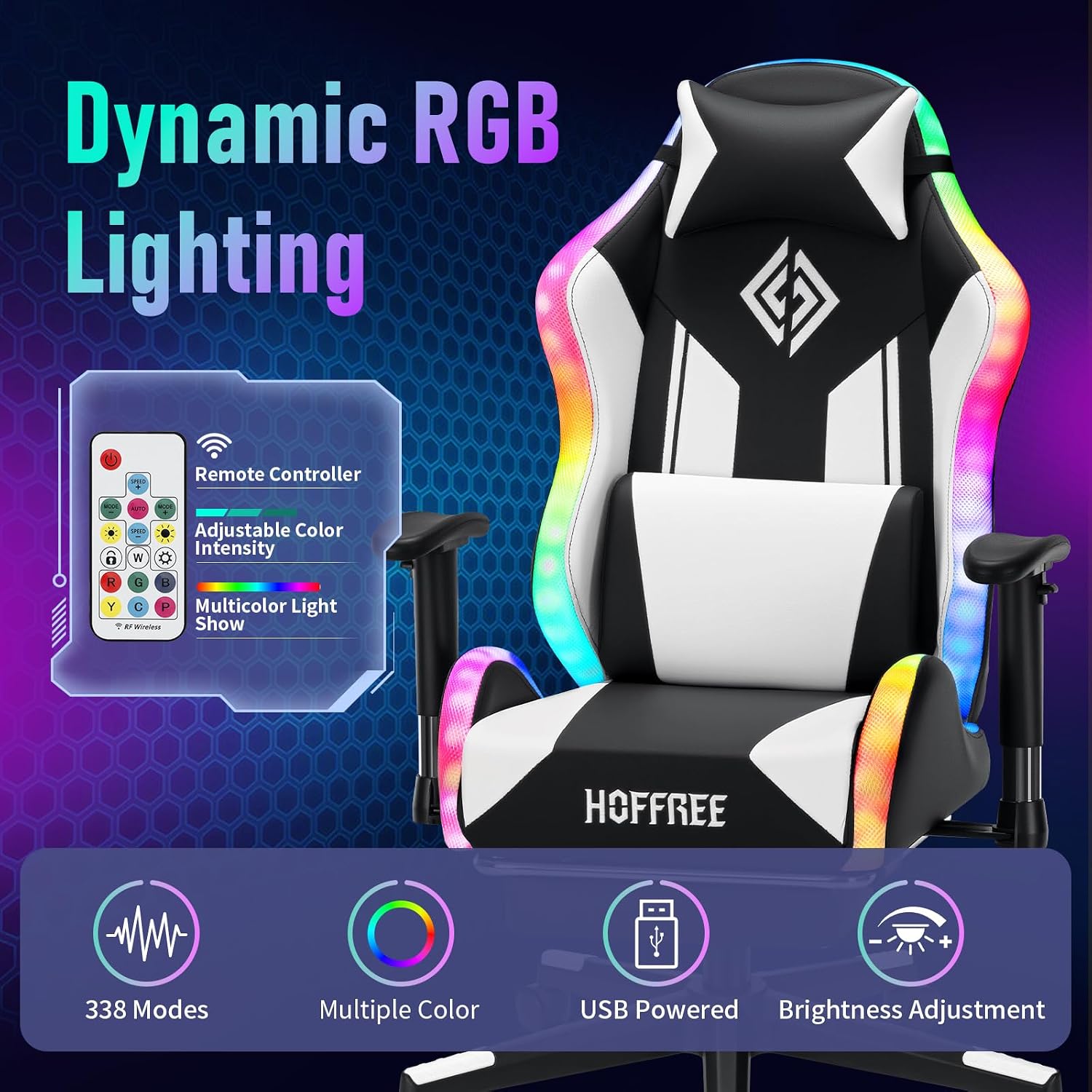 HOFFREE RGB LED Gaming Chair for Kids Reclining Gaming Chairs for Teens 8-15 Computer Chair with RGB Lights Kids PC Game Chair with Footrest and Lumbar Support Video Game Chairs White and Black