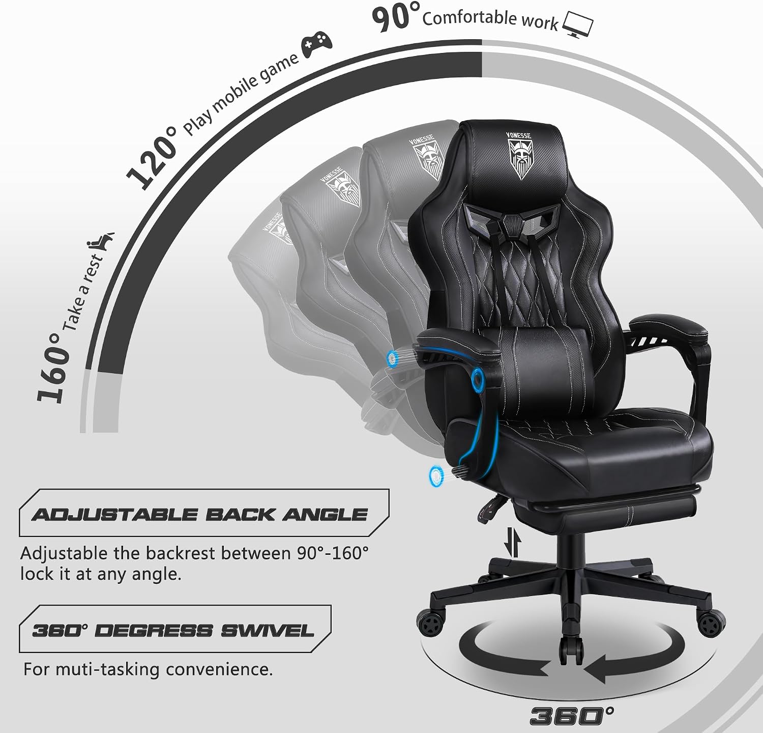 Vonesse Gaming Chair, Computer Office Chair with Footrest, Reclining Gaming Chairs for Adults, Big and Tall Ergonomic Gaming Chair with Lumbar Support and Massage (Black)