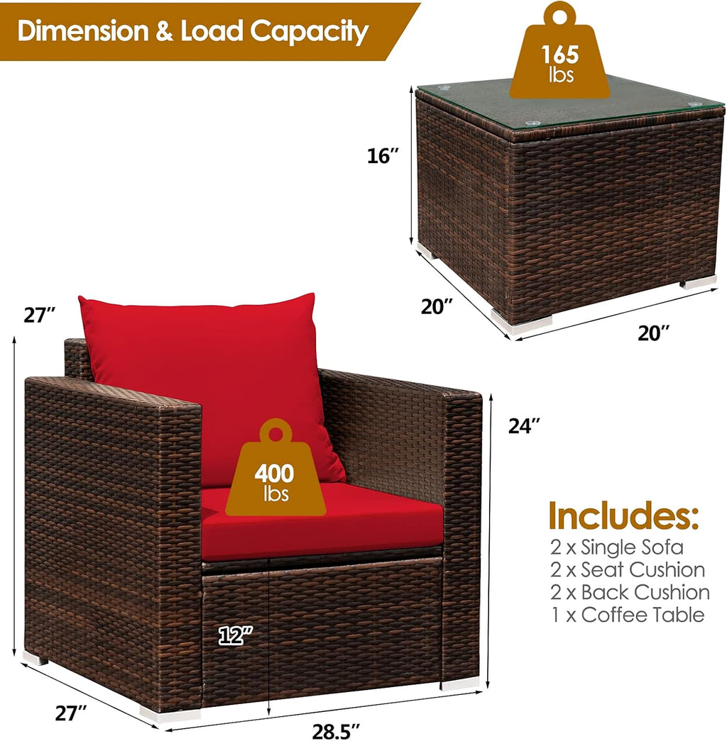HAPPYGRILL 3 Piece Patio Furniture Set PE Rattan Wicker Sofa Set with Cushions and Coffee Table Outdoor Patio Conversation Set for Garden Poolside Balcony
