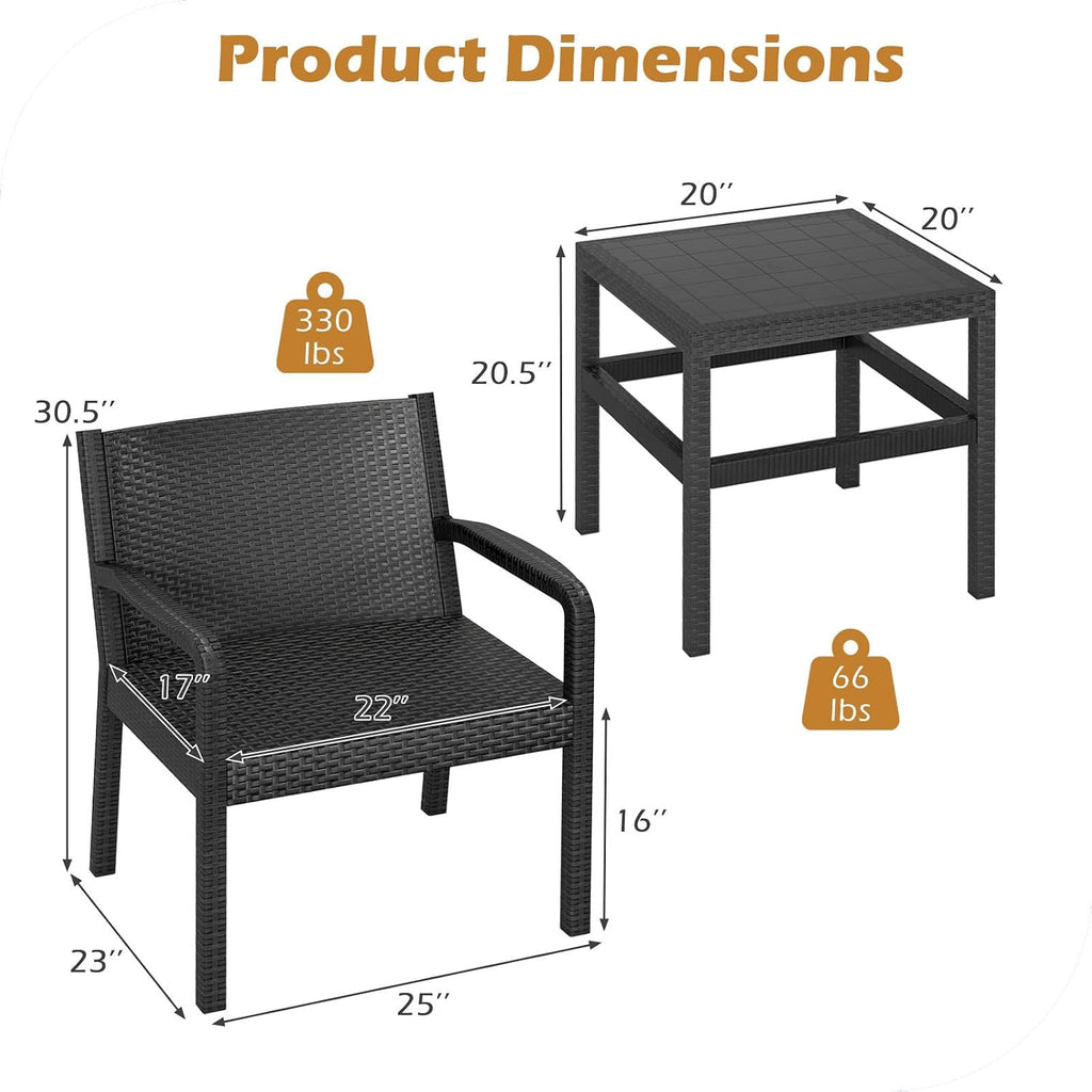 COSTWAY 3 Piece Patio Furniture Set, Outdoor PP Rattan Wicker Furniture Set with 2 Modern Rattan Armchair and 25' Squire Side Table for Patio, Garden, Poolside, Bistro, Black