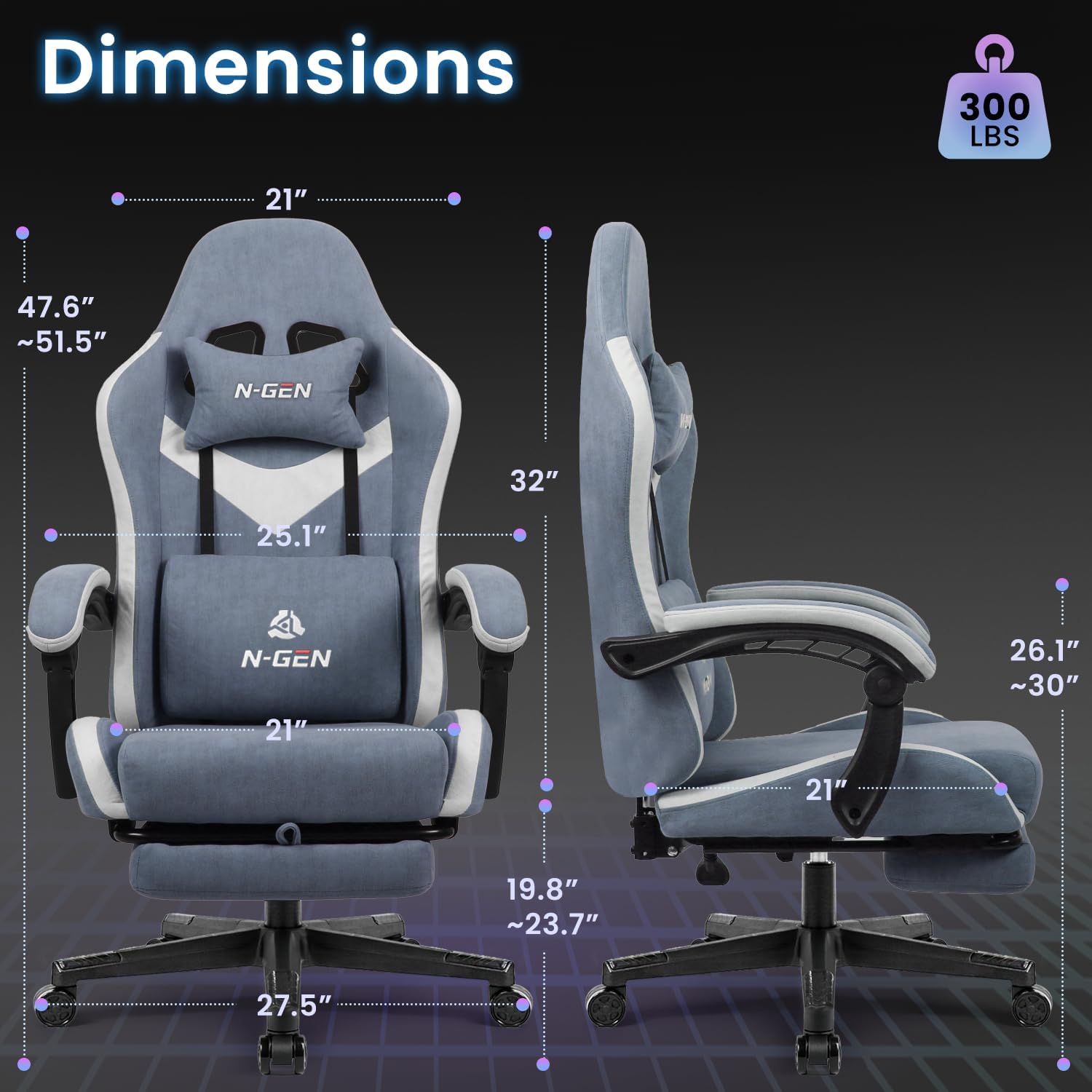 N-GEN GAMING Video Gaming Chair Office Computer Desk Use Ergonomic Reclining Backrest Adjustable Armrests Lumbar Support Footrest High Density Foam Breathable Fabric Heavy Duty Base (Blue)