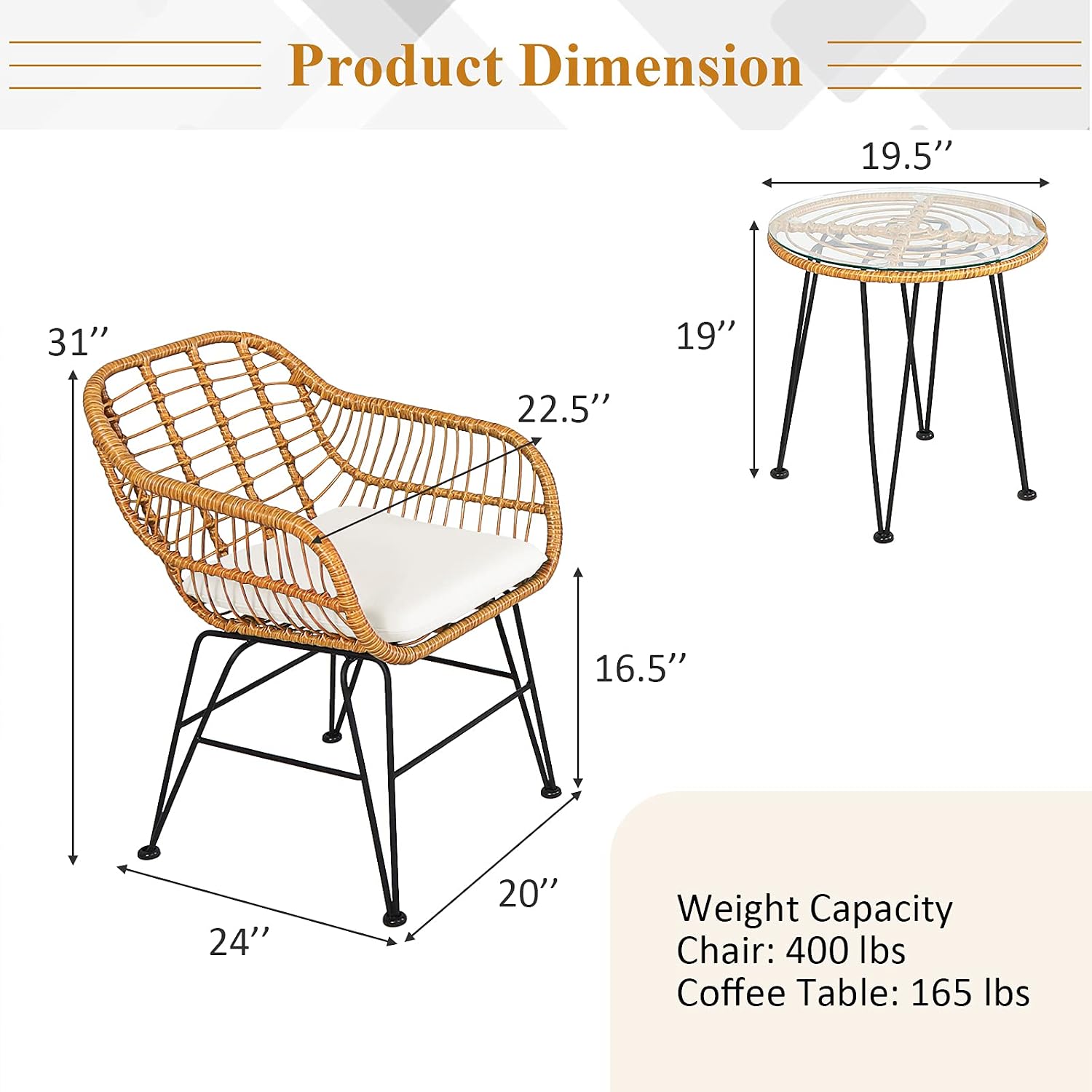 Tangkula 3 Pieces Patio Bistro Set, Rattan Conversation Set with 2 Cushioned Armchairs & Round Glass Coffee Table, Indoor Outdoor Wicker Furniture Set for Balcony, Backyard, Garden, Poolside