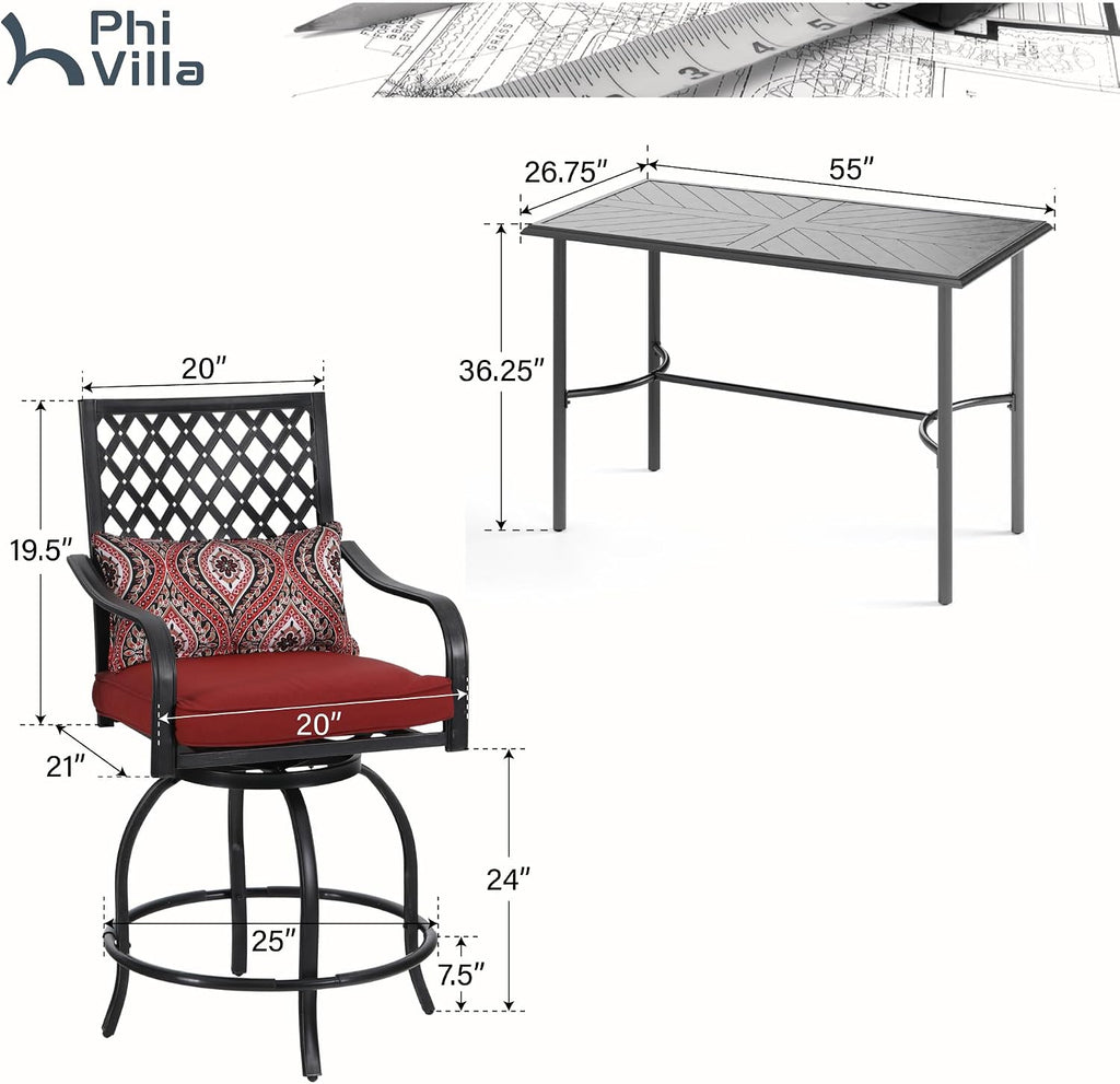 PHI VILLA Patio Bar set for 4,Outdoor Swivel Bar Chairs with Red Cushion and High Metal Bar Table,Sturdy and Strong Frame and Metal Table Top (No Umbrella Hole), High Patio Table and Chairs for Garden