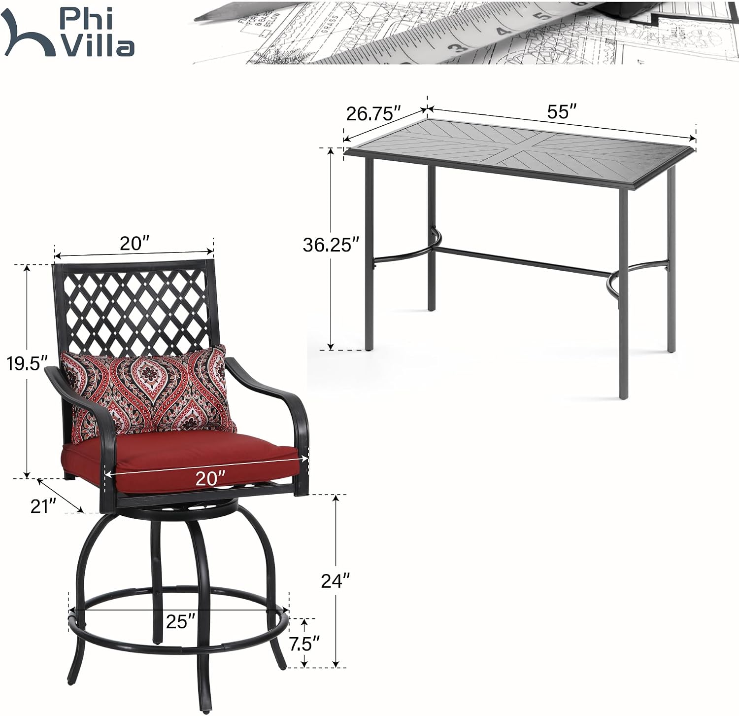 PHI VILLA Patio Bar set for 4,Outdoor Swivel Bar Chairs with Red Cushion and High Metal Bar Table,Sturdy and Strong Frame and Metal Table Top (No Umbrella Hole), High Patio Table and Chairs for Garden