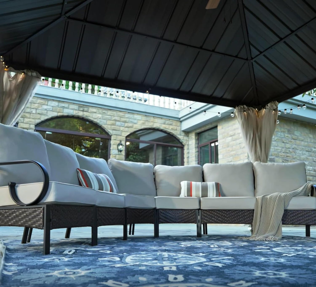 PHI VILLA 6 Piece Half Moon Patio Furniture Set, Outdoor Curved Wicker&Metal Sectional Conversation Set for Garden Balcony and Backyard