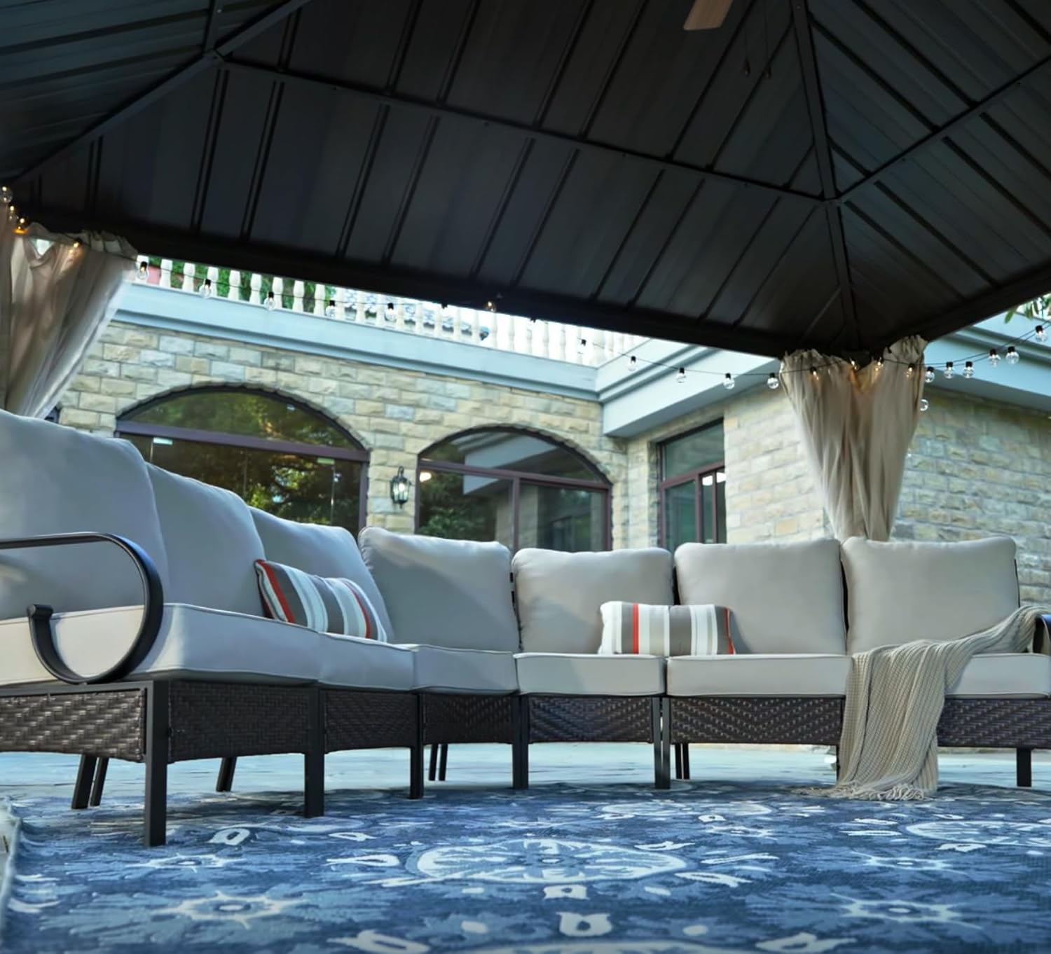 PHI VILLA 6 Piece Half Moon Patio Furniture Set, Outdoor Curved Wicker&Metal Sectional Conversation Set for Garden Balcony and Backyard
