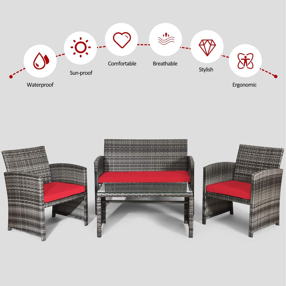 COSTWAY Patio Furniture Set 4 Pieces, Outdoor Wicker Chairs Sofa w/Coffee Table and Soft Cushions, Rattan Conversation Sets for Patio Lawn Backyard Yard Pool Garden, Red