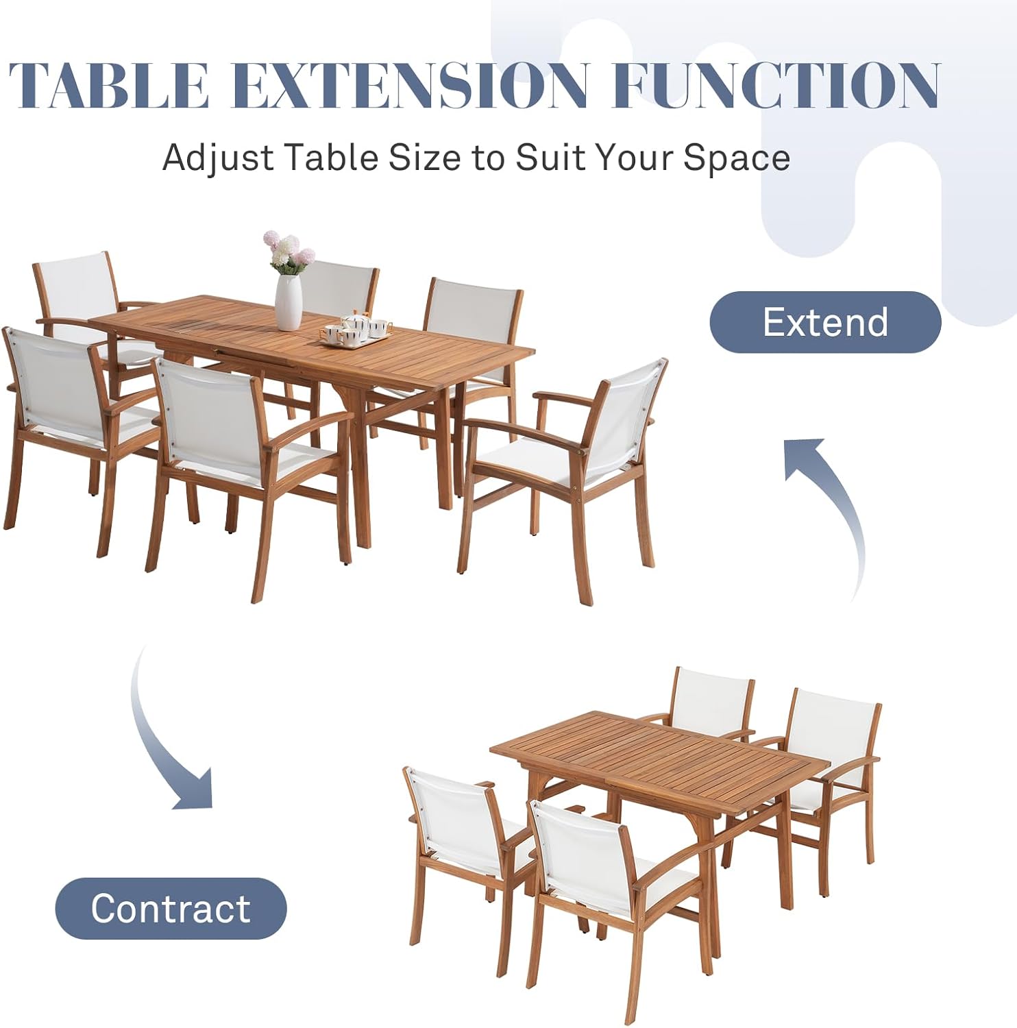 OC Orange-Casual Patio Furniture Set, Acacia Wood Patio Dining Set for 6-8, Outdoor Expandable Table and Chairs Set with Umbrella Hole and Breathable Textilene Fabric for Garden (White, 7 Pieces)