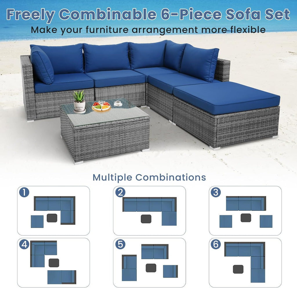 Tangkula 6 Pieces Sectional Patio Furniture Set, Weather Resistant Heavy Duty Outdoor Modular Sofa Set with Soft Padded Cushions, Tempered Glass Coffee Table, for Deck, Garden, Lawn, Poolside (Navy)