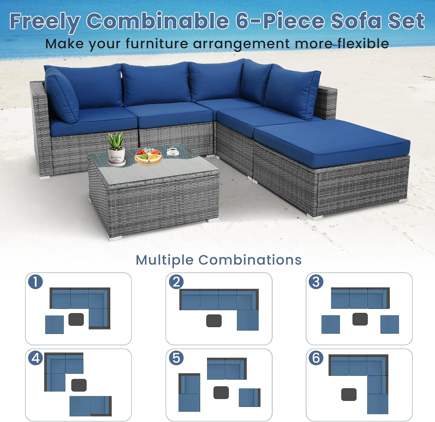 Tangkula 6 Pieces Sectional Patio Furniture Set, Weather Resistant Heavy Duty Outdoor Modular Sofa Set with Soft Padded Cushions, Tempered Glass Coffee Table, for Deck, Garden, Lawn, Poolside (Navy)