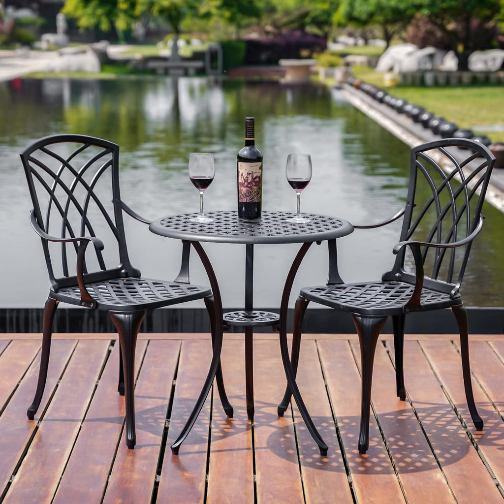 Bistro Set 3 Piece Outdoor,Cast Aluminum Outdoor Bistro Set,All Weather Bistro Table and Chairs Set of 2 with 1.97' Umbrella Hole,Patio Bistro Sets for Garden(Woven Black)