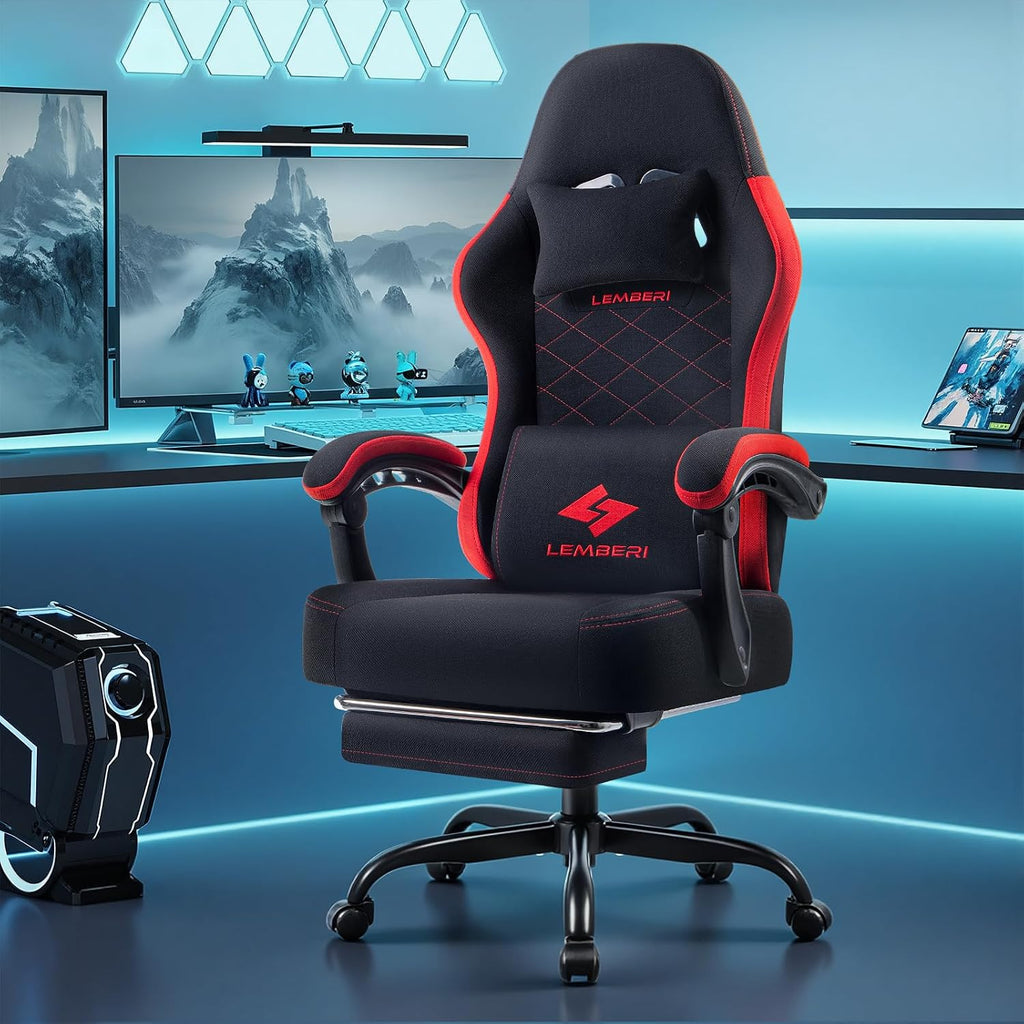 LEMBERI Gaming Chair, Fabric Big and Tall Video Game Chairs with Footrest, Massage Lumbar Support, Racing Style Ergonomic Computer Gamer Chair with Adjustable Headrest (Red)