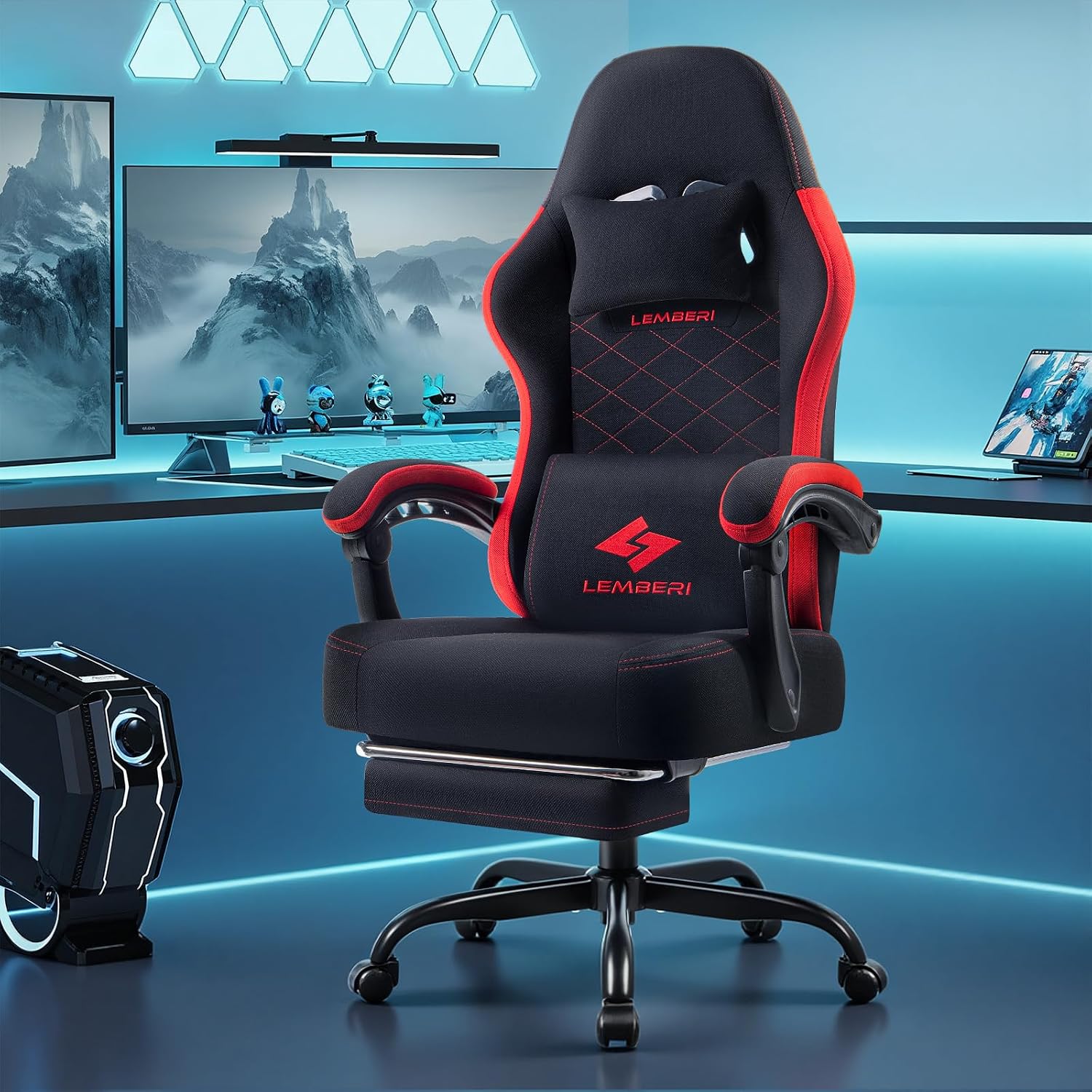 LEMBERI Gaming Chair, Fabric Big and Tall Video Game Chairs with Footrest, Massage Lumbar Support, Racing Style Ergonomic Computer Gamer Chair with Adjustable Headrest (Red)