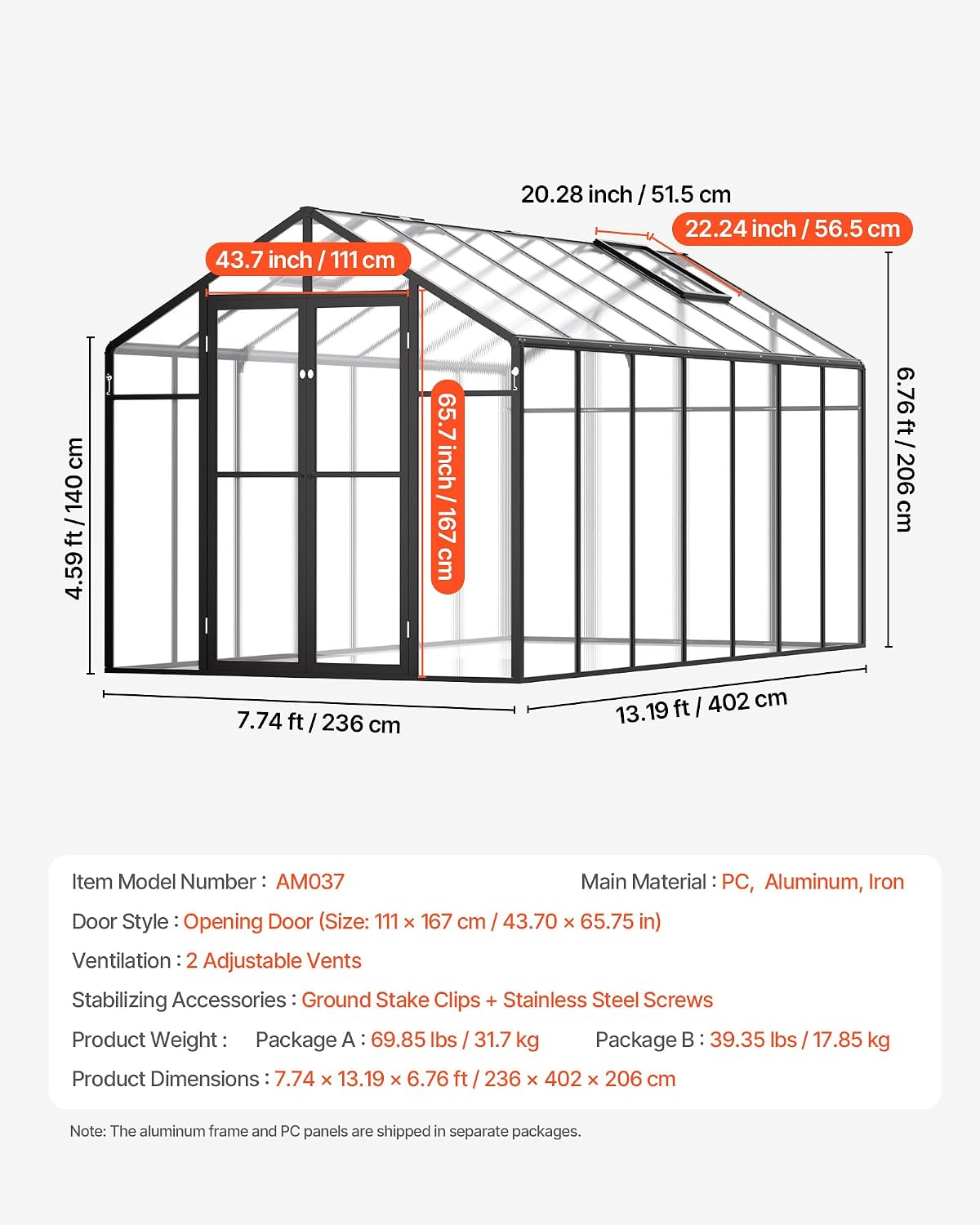 VEVOR Polycarbonate Greenhouse, 8 x 12 Ft, Outdoor Greenhouse with 2 Vent Windows, Pavilion Styled with Hinged Door, Aluminum Large Walk-in Greenhouse Kit for Outside Garden Backyard