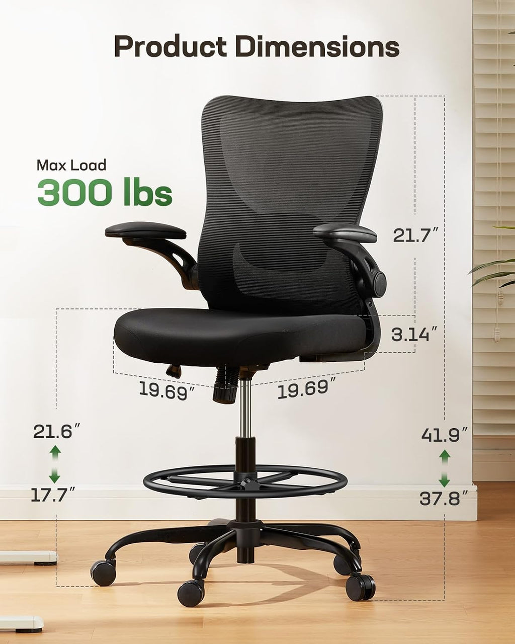 Marsail Drafting Chair, Tall Office Chair with 2D Lumbar Support, Standing Desk Chair,High Office Chair with Padded Flip-Up Armrests & Adjustable Footrest Ring, Ebony