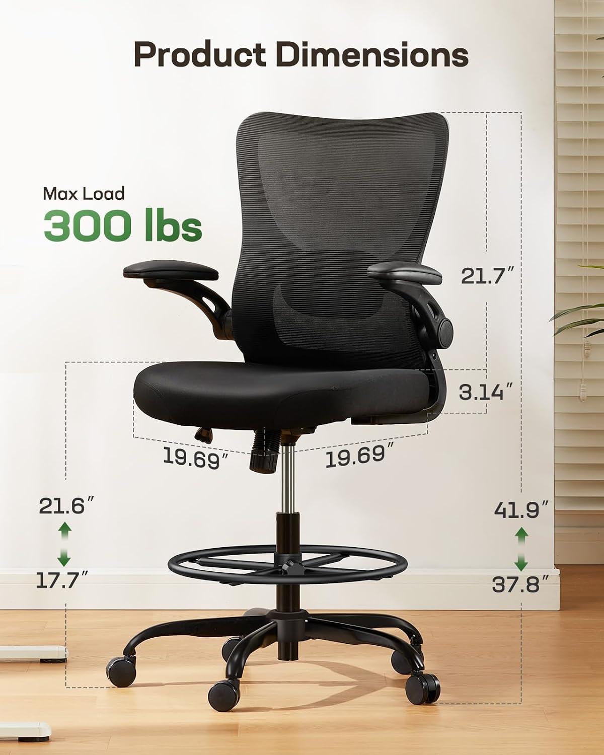 Marsail Drafting Chair, Tall Office Chair with 2D Lumbar Support, Standing Desk Chair,High Office Chair with Padded Flip-Up Armrests & Adjustable Footrest Ring, Ebony