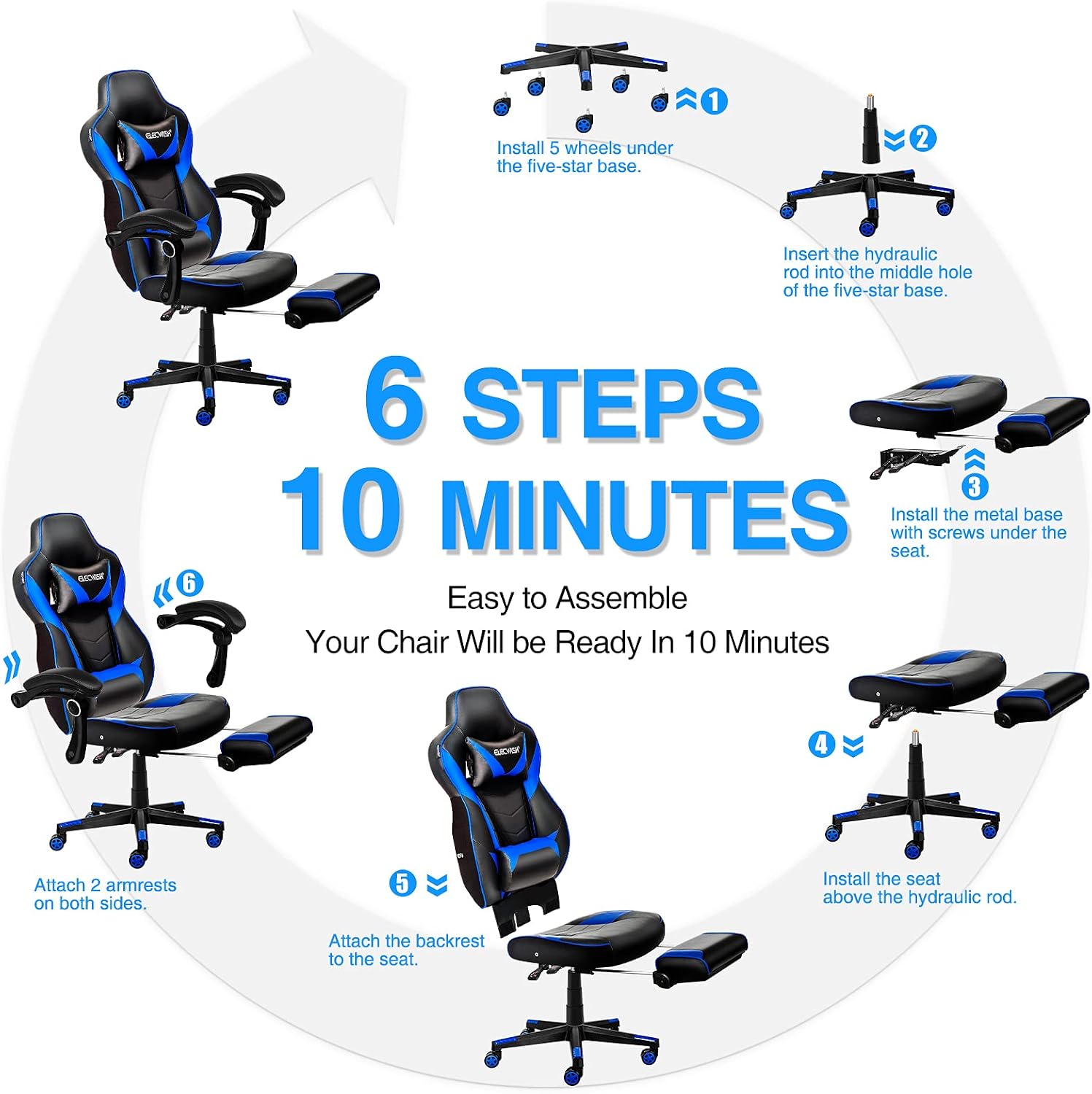 ELECWISH Gaming Chair, Reclining Computer Chair with Footrest and Lumbar Support, High Back Ergonomic Gamer Chair for Adults, Gaming Desk Chair with Headrest PU Leather
