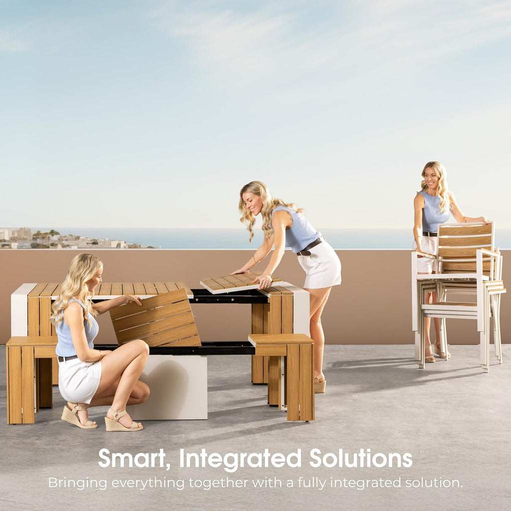 Transformer Table - Extendable Outdoor Dining Set up to 12, Expandable Patio Table, Weather-Resistant Patio Furniture, Light Oak, Natural (Table + Bench + 4 Chairs + Umbrella)