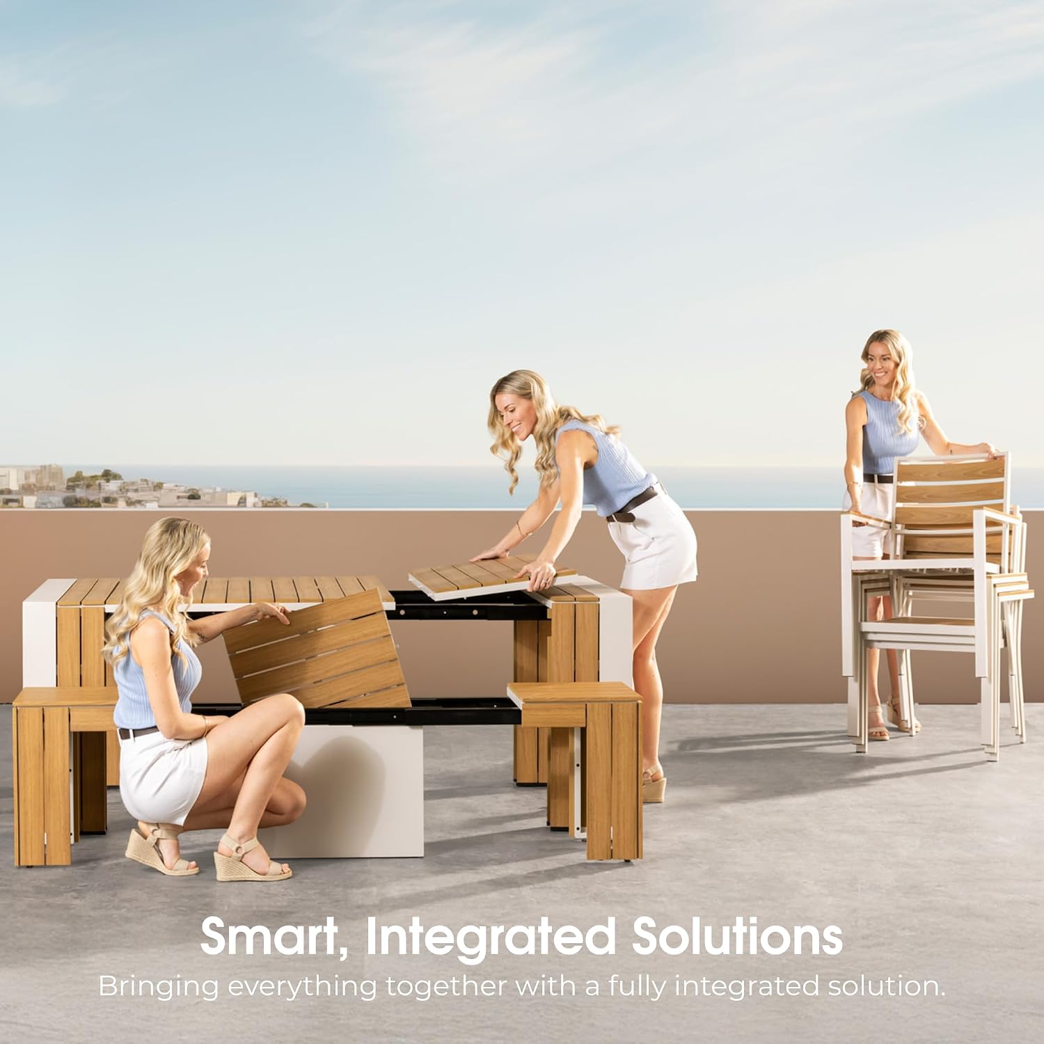 Transformer Table - Extendable Outdoor Dining Set up to 12, Expandable Patio Table, Weather-Resistant Patio Furniture, Light Oak, Natural (Table + Bench + 4 Chairs + Umbrella)