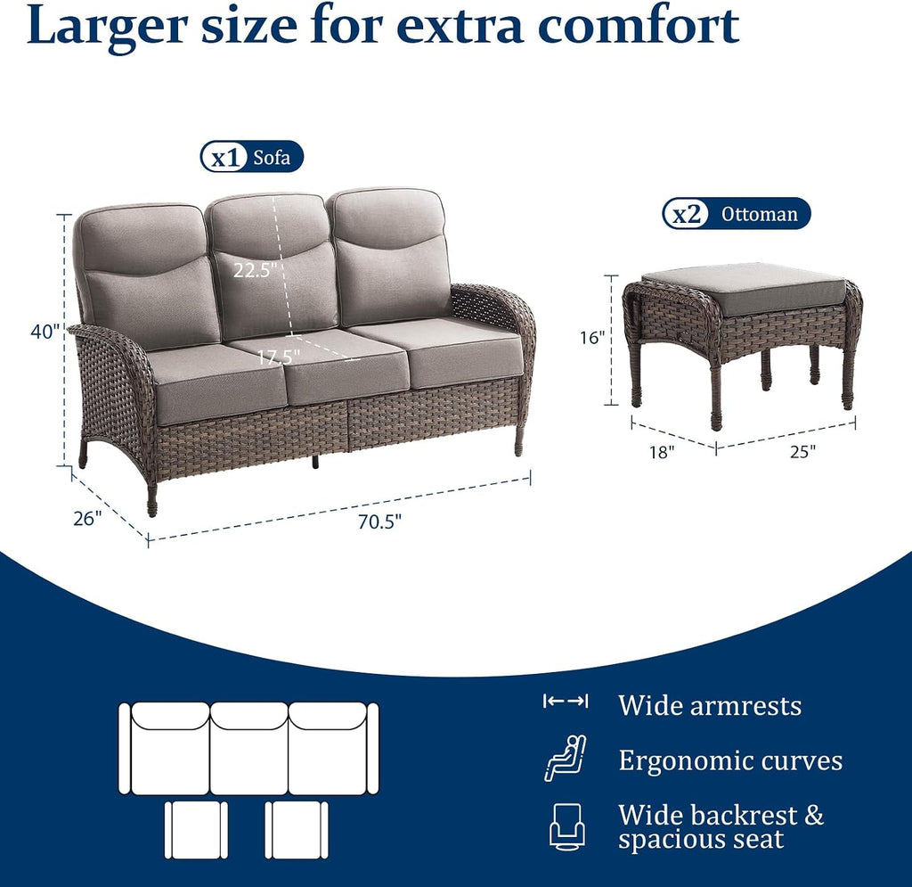 Outdoor Patio Sofa Set (3pcs) with High-Back Design—Thickened Cushions, Sofa Footstool, Patio Set, All-Weather Wicker Patio Furniture Set, Suitable for Balconies and Patios, Available in Brown/Gery