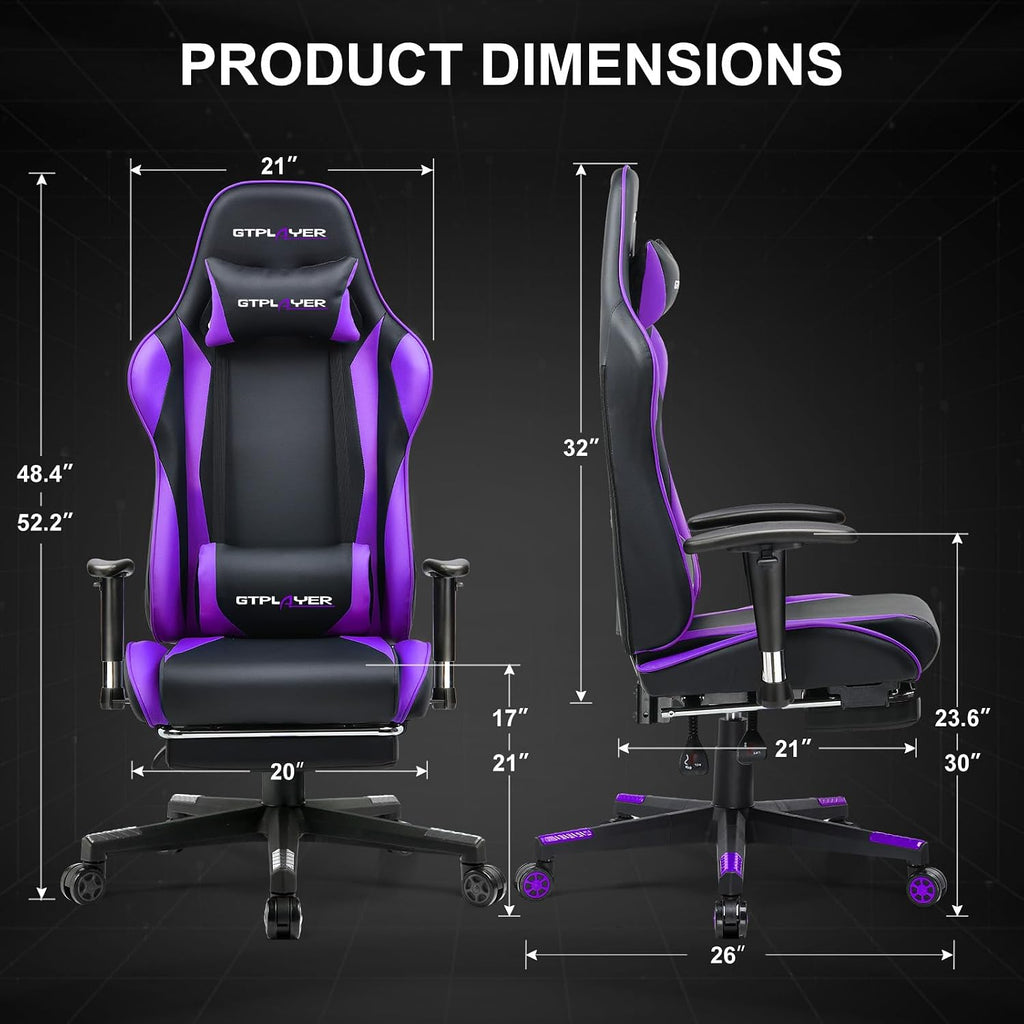 GTPLAYER Gaming Chair with Footrest, Ergonomic Computer Game Desk Chair, Recline Gaming Chair Seat Height Adjustment, Swivel Rocker with Headrest and Lumbar (Purple)