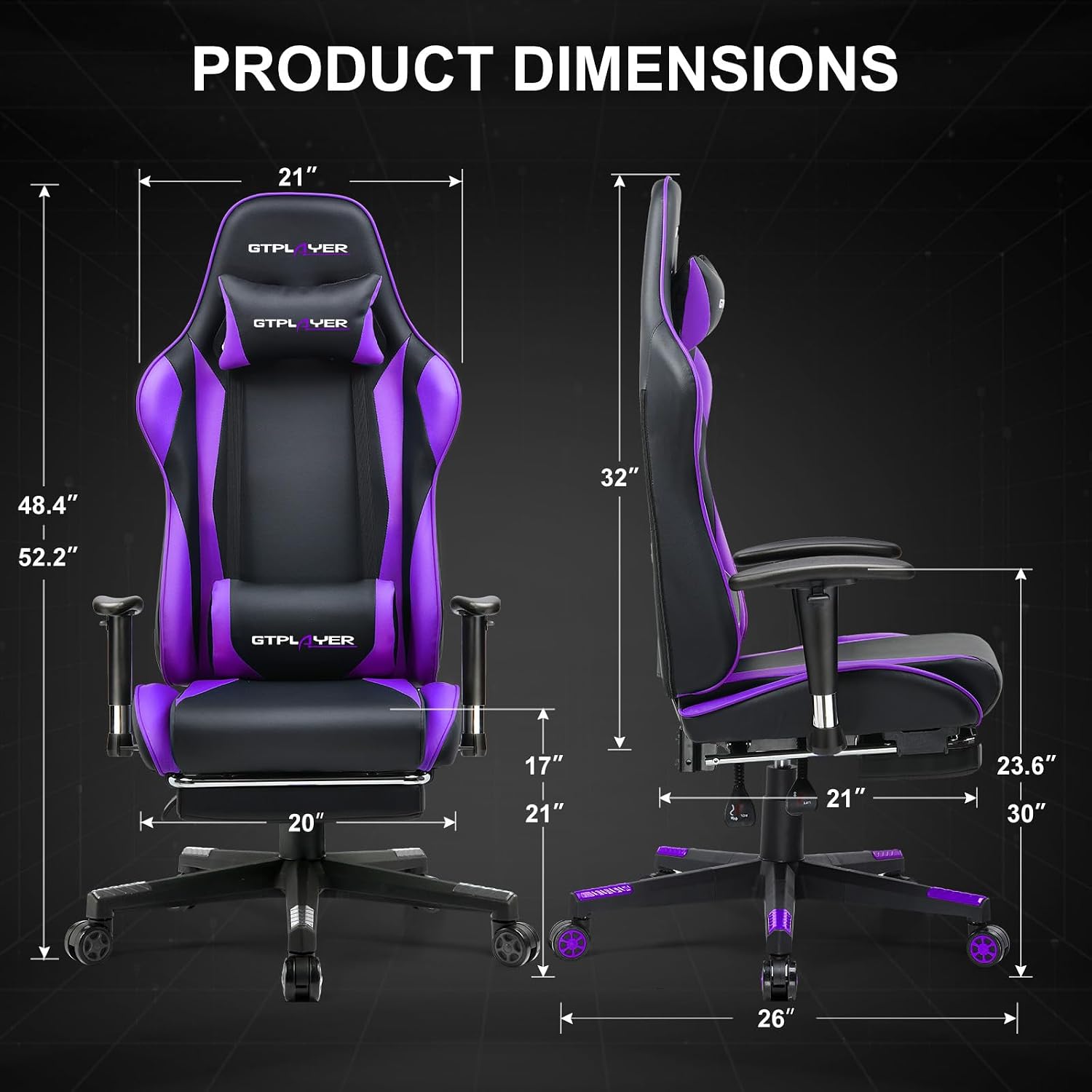 GTPLAYER Gaming Chair with Footrest, Ergonomic Computer Game Desk Chair, Recline Gaming Chair Seat Height Adjustment, Swivel Rocker with Headrest and Lumbar (Purple)