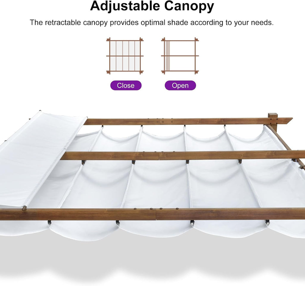 PURPLE LEAF 10' x 10' Outdoor Retractable Pergola with Sun Shade Canopy Patio Metal Shelter for Garden Pavilion Natural Wood Grain Frame Modern Yard Grill Pergola with 12 LED Lights White