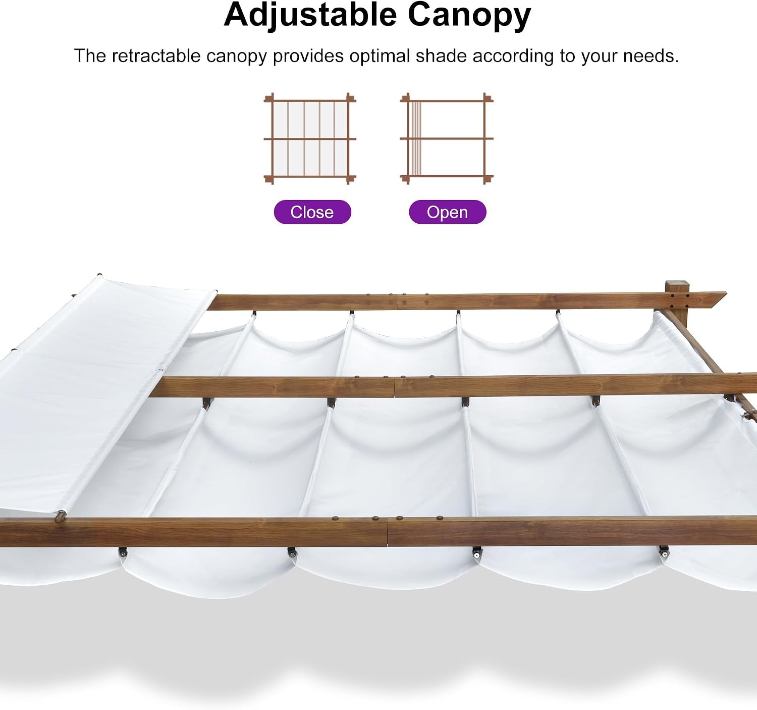 PURPLE LEAF 10' x 10' Outdoor Retractable Pergola with Sun Shade Canopy Patio Metal Shelter for Garden Pavilion Natural Wood Grain Frame Modern Yard Grill Pergola with 12 LED Lights White
