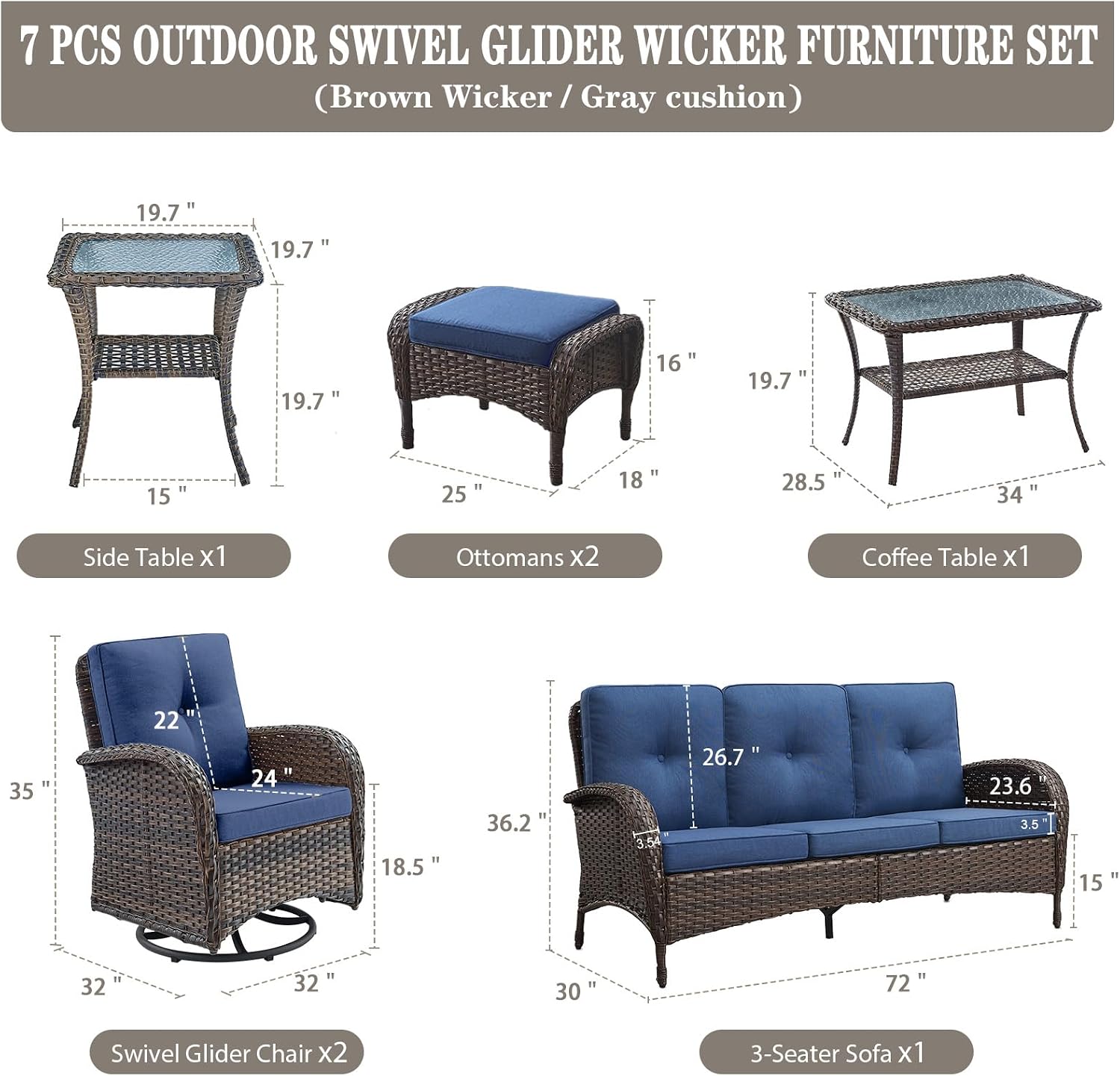 Belord Wicker Outdoor Furniture Set - 7 Piece Patio Conversation Sets with Comfort Swivel Rocker Glider Patio Chairs Set of 2 and Rattan Sofa,Tempered Glass Coffee Table and Side Table,Brown/Blue