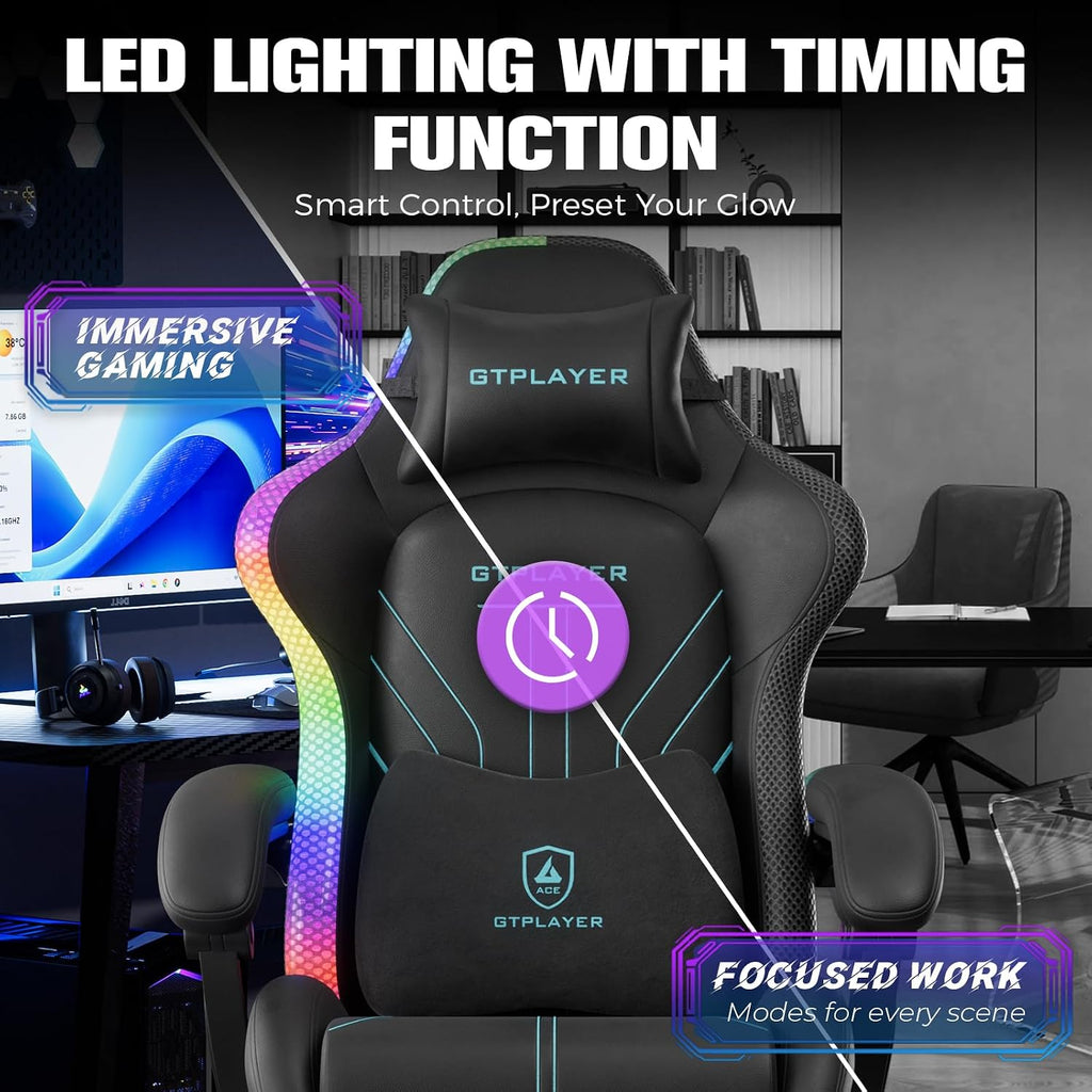 GTPLAYER Gaming Chair, Computer Chair with RGB LED Lights, High Back Ergonomic Chair for Adults with Footrest, Reclining Office Chairs, Linkage Armrest, Blue
