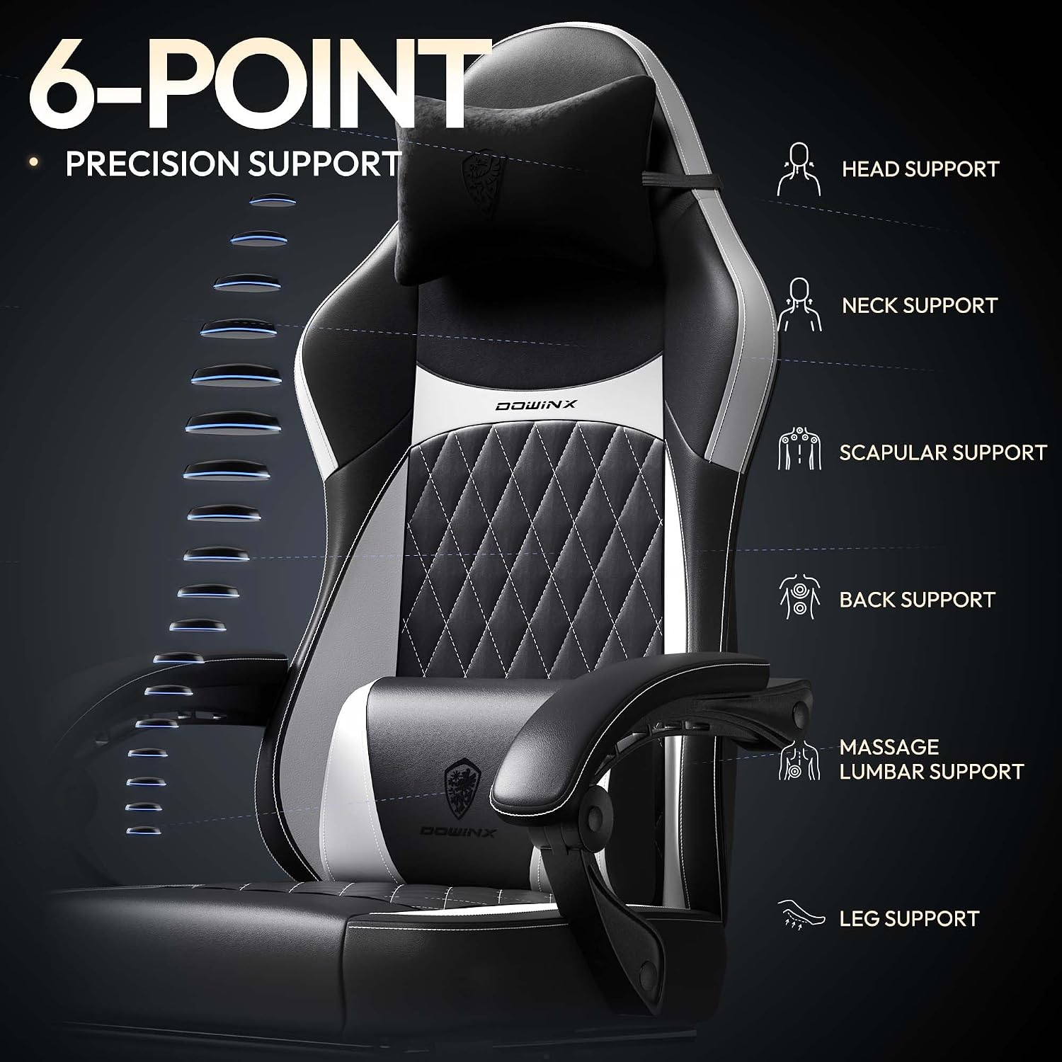 Dowinx Gaming Chair with Pocket Spring Cushion, Ergonomic Computer Chair with Massage Lumbar and Footrest for Adults, High Back Game Chair Leather for Office Gaming 300LBS, New White