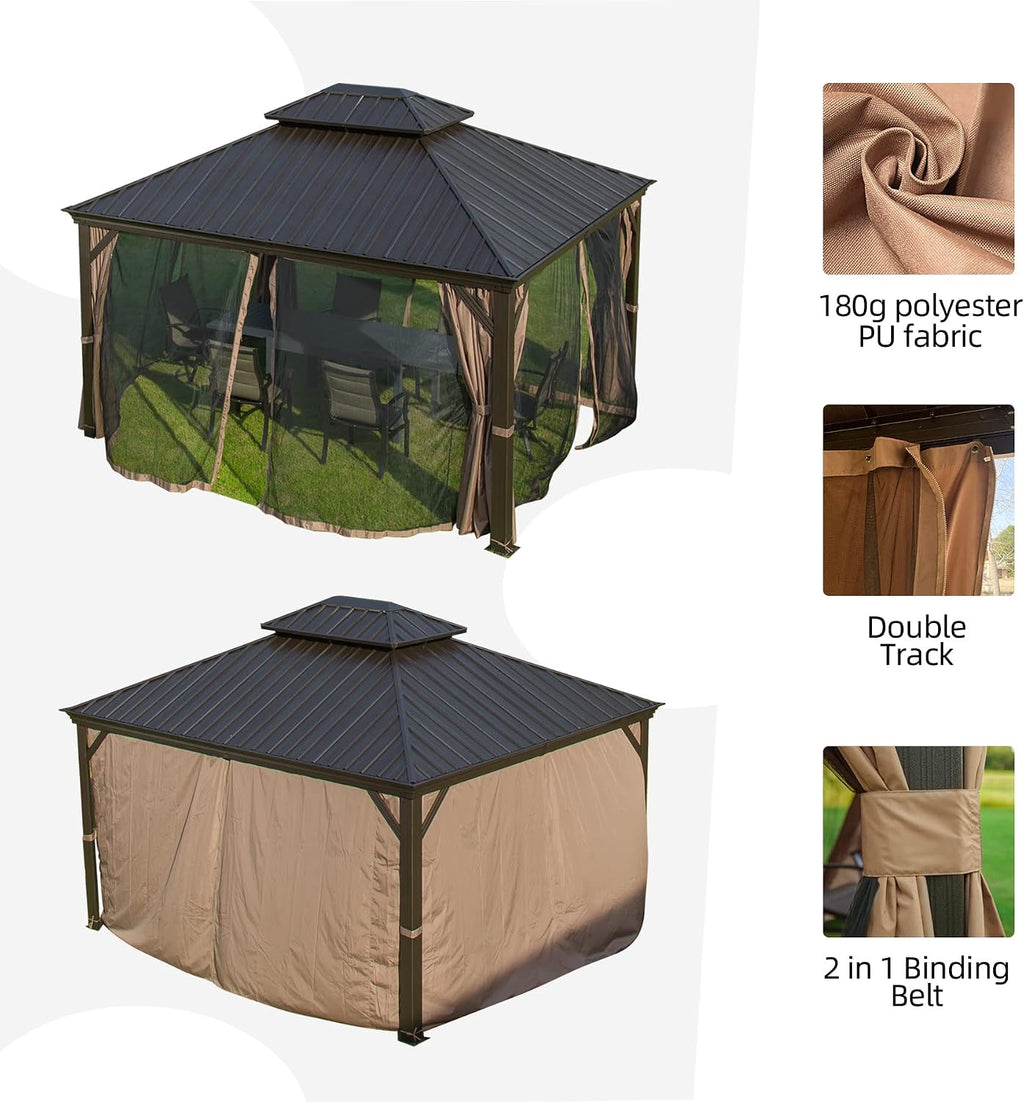 Domi Hardtop Gazebo 12x14FT, Outdoor Gazebo with Galvanized Steel Double Roof, Aluminum Frame, Built-in Gutter System, Curtain and Netting, Metal Gazebo Pavilion for Patio Deck Garden, Brown
