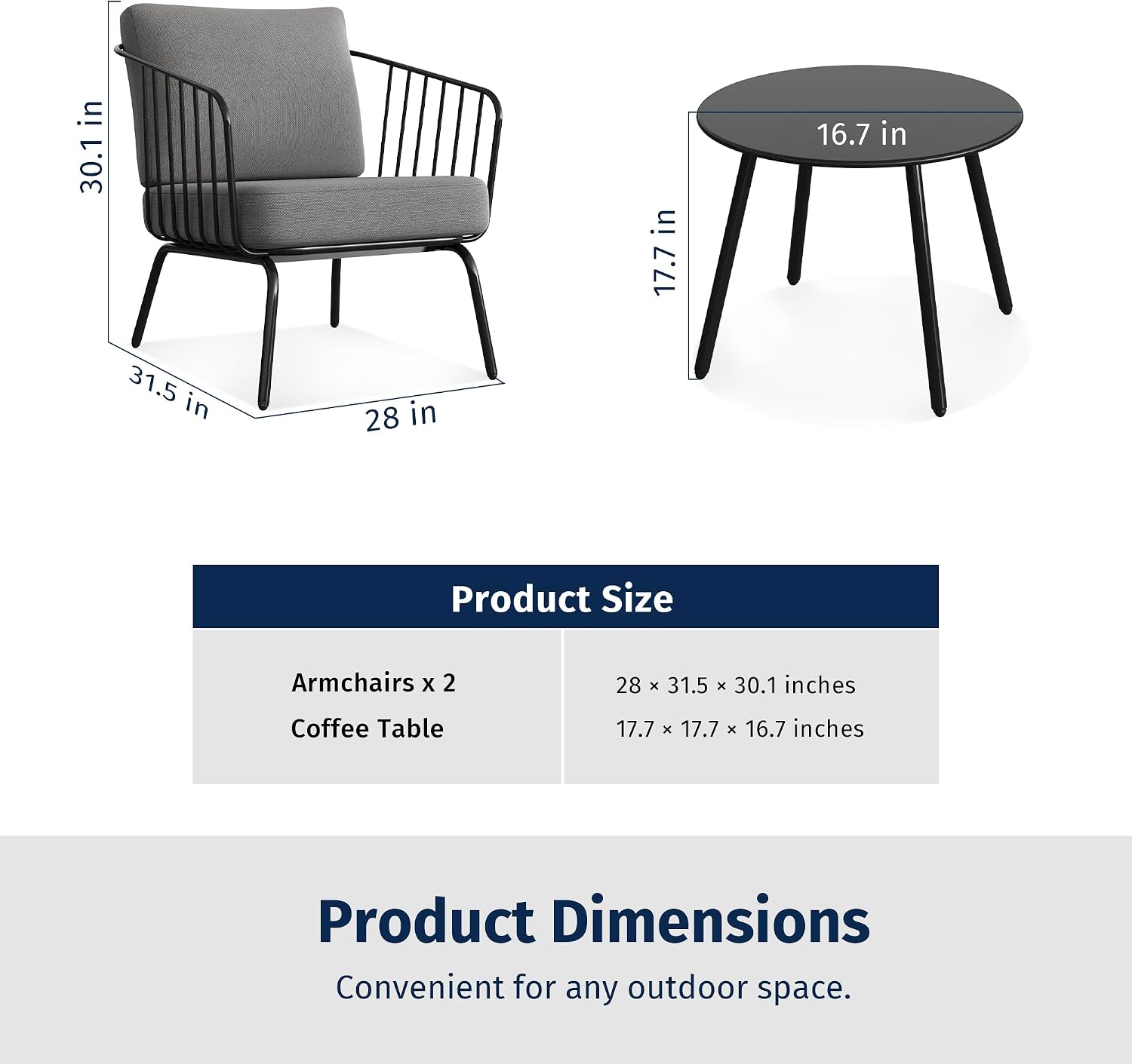 East Oak 3-Piece Plaza Patio Furniture Set, Outdoor Furniture with Thick Cushion Sofa and Coffee Table, Outdoor Bistro Set for 2, Modern Patio Conversation Set for Balcony, Black & Grey